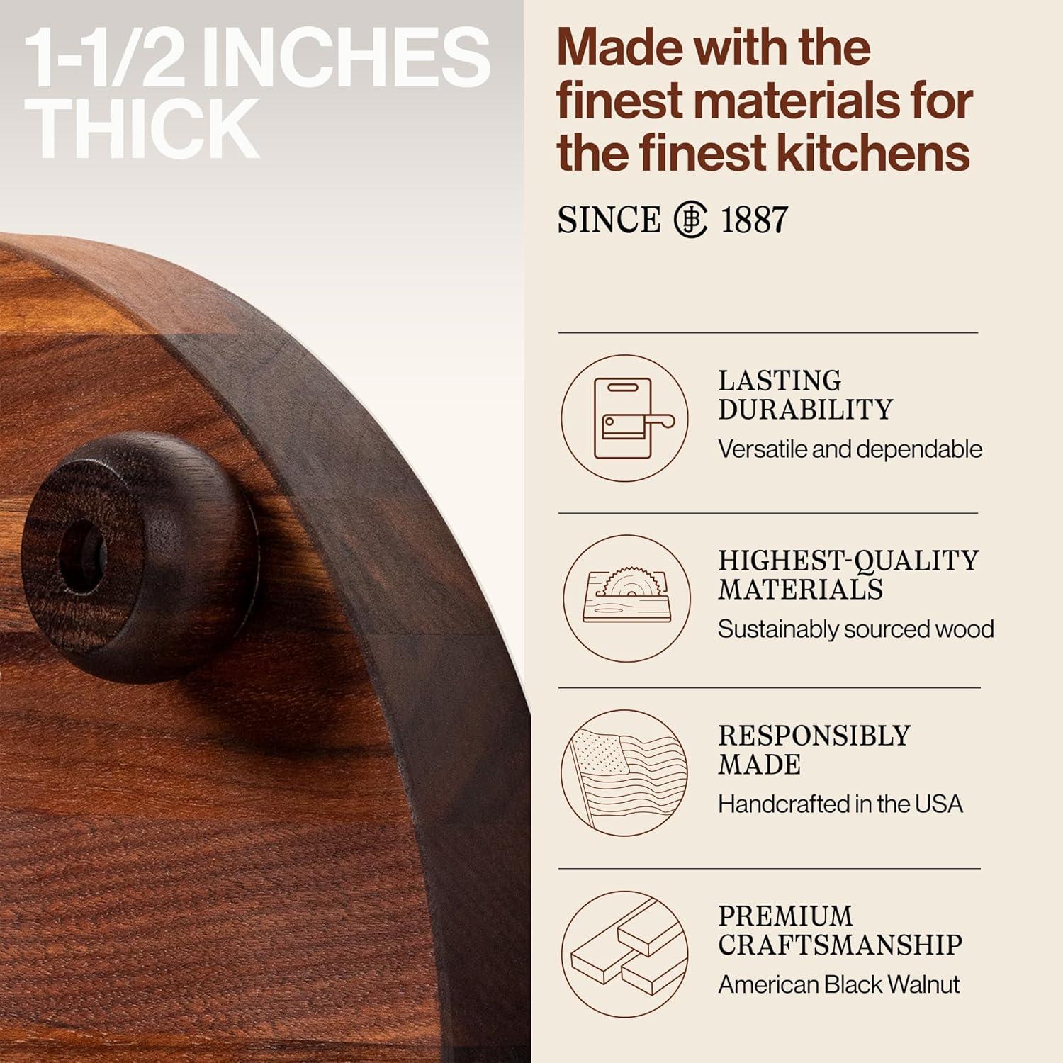 Gift 1.5" Edge Grain Walnut 12" Round Cutting Board with Wood Feet