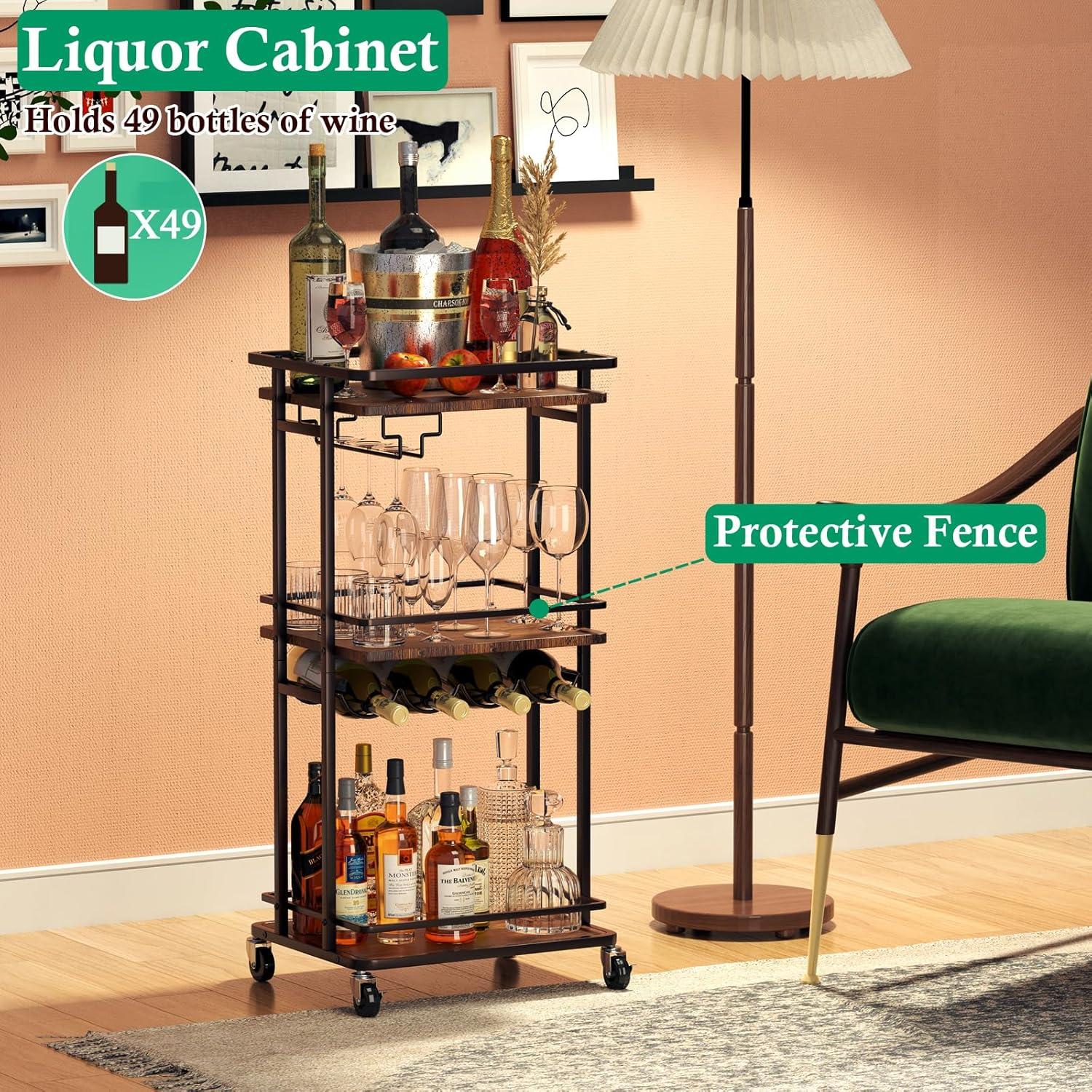 3 Tier Bar Cart for Home, Rolling Mini Liquor Bar Cabinet with Wine Rack and Glass Holder, Home Bar Serving Cart on Wheels for Dinner Party Wine Alcohol Drink, Bar Stand for Living Room Kitchen