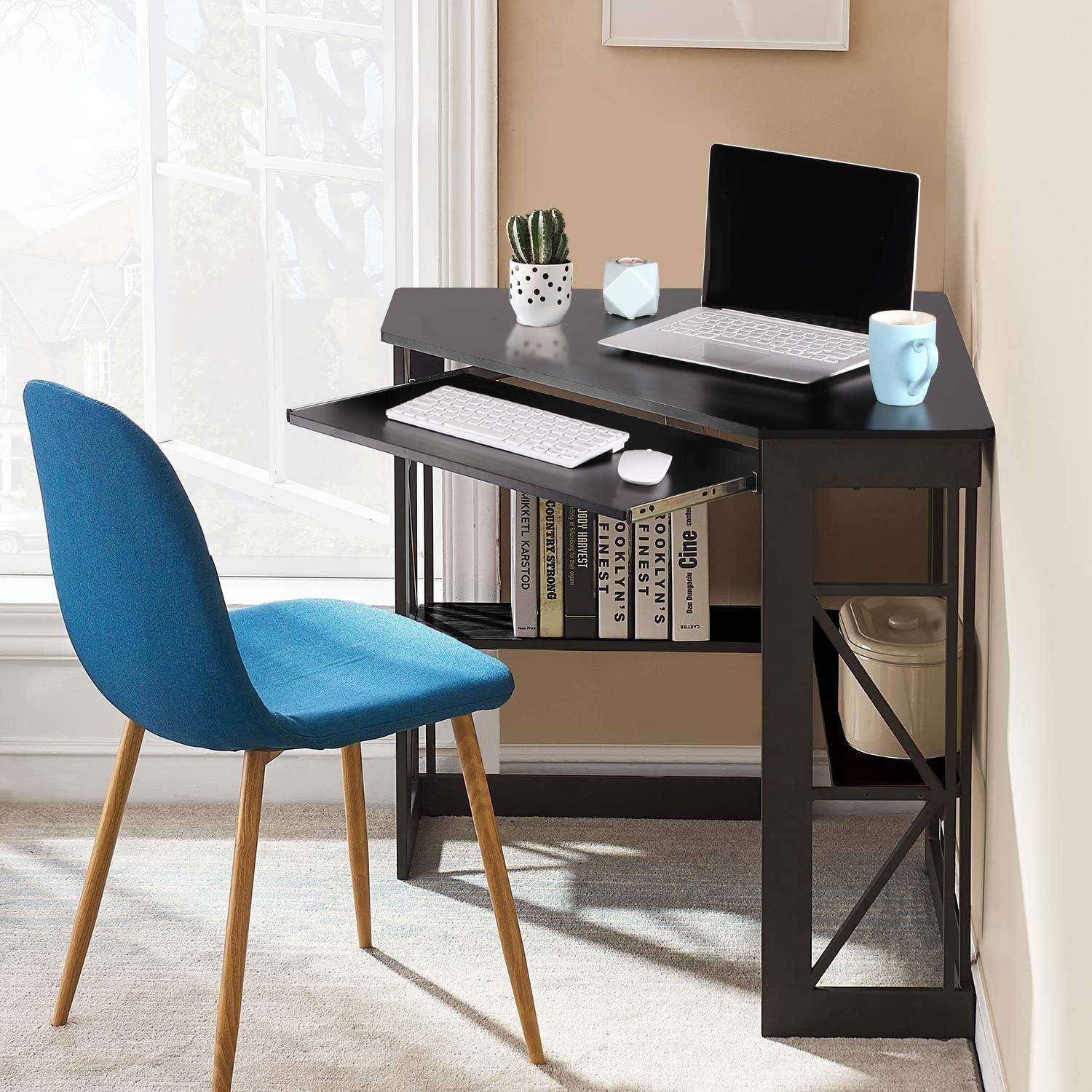 Black Triangular Corner Computer Desk with Keyboard Tray