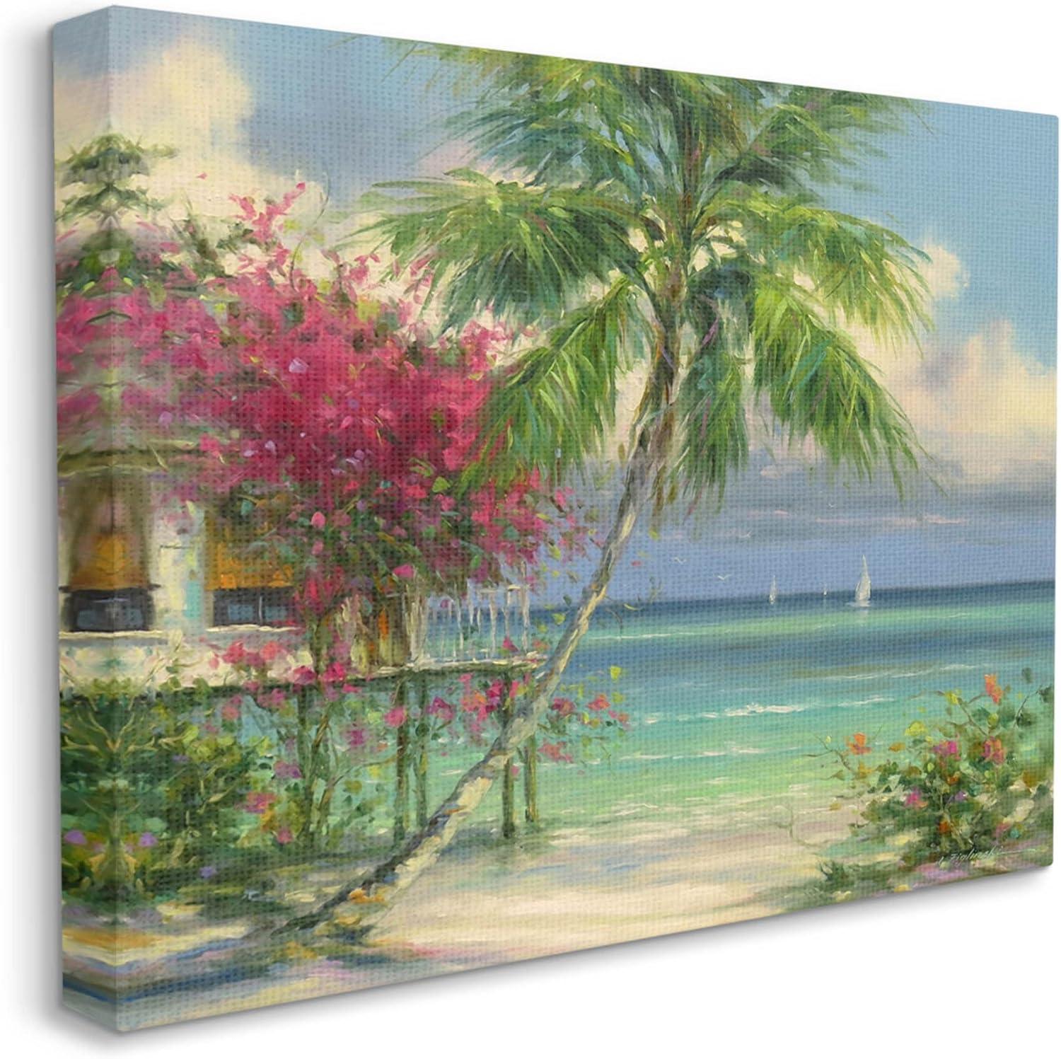 Floral Tropical Summer Vacation Resort Landscape Painting Gallery Wrapped Canvas Print Wall Art