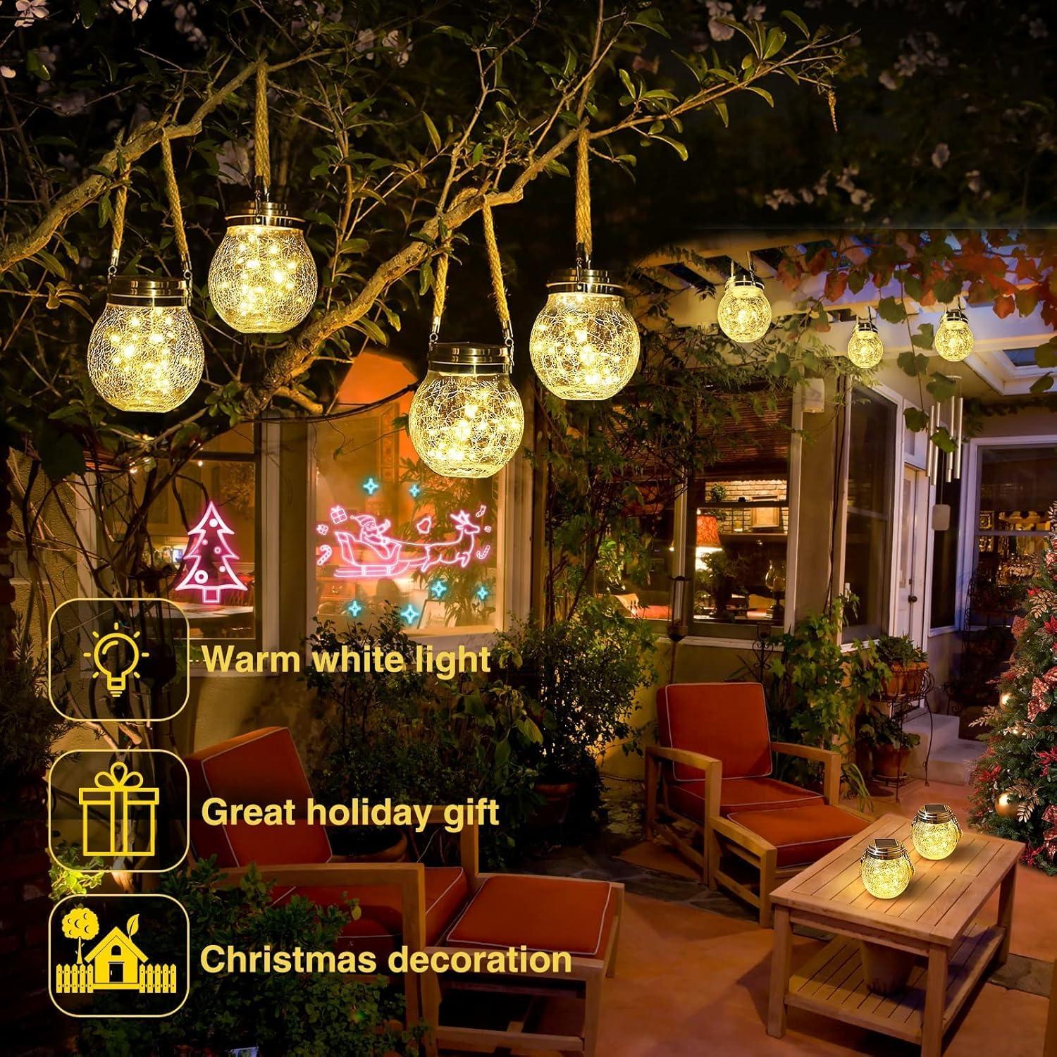 Warm White Crackled Glass Solar Powered Outdoor Lanterns