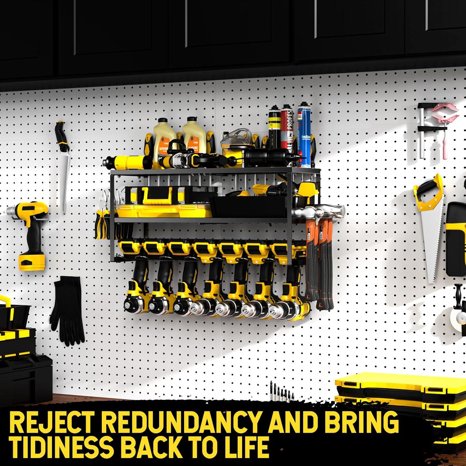 Power Tool Organizer, 7 Drill Holder for Tool Organizer, Storage and Organization for Garage, Heavy Duty Metal Tool Shelf Utility Rack for Cordless Power Tools Suitable for Pegboard/Workshop