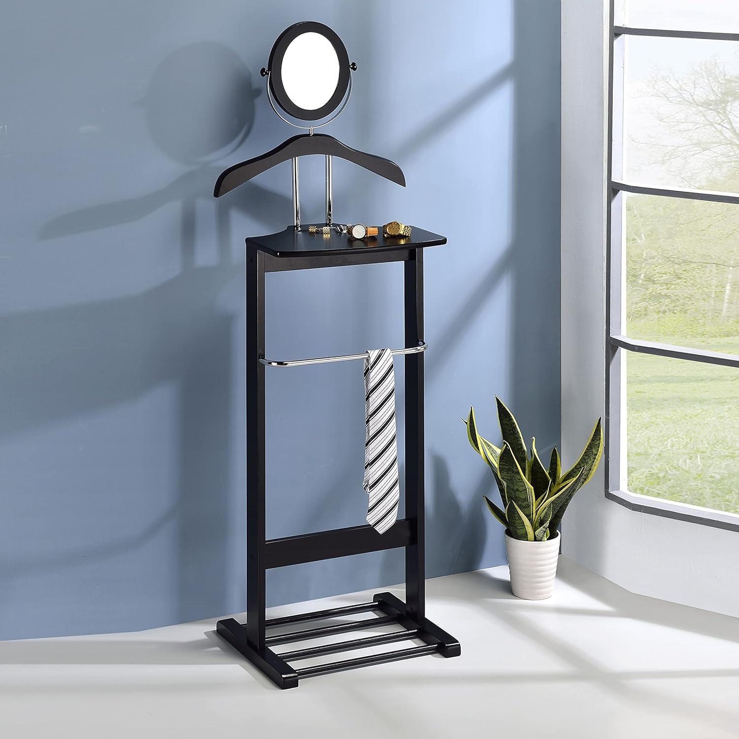 Kings Brand Furniture - Wardrobe Wood Suit Valet Stand, Clothes Trouser Bar Rack, Tie, Belt Hanger and Shoe Rack, Black/Chrome