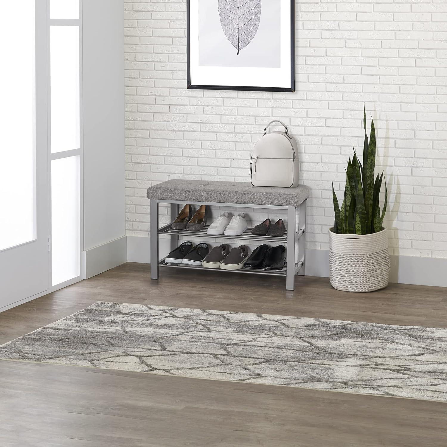 Gray Upholstered Storage Bench with Metal Frame and Shoe Racks