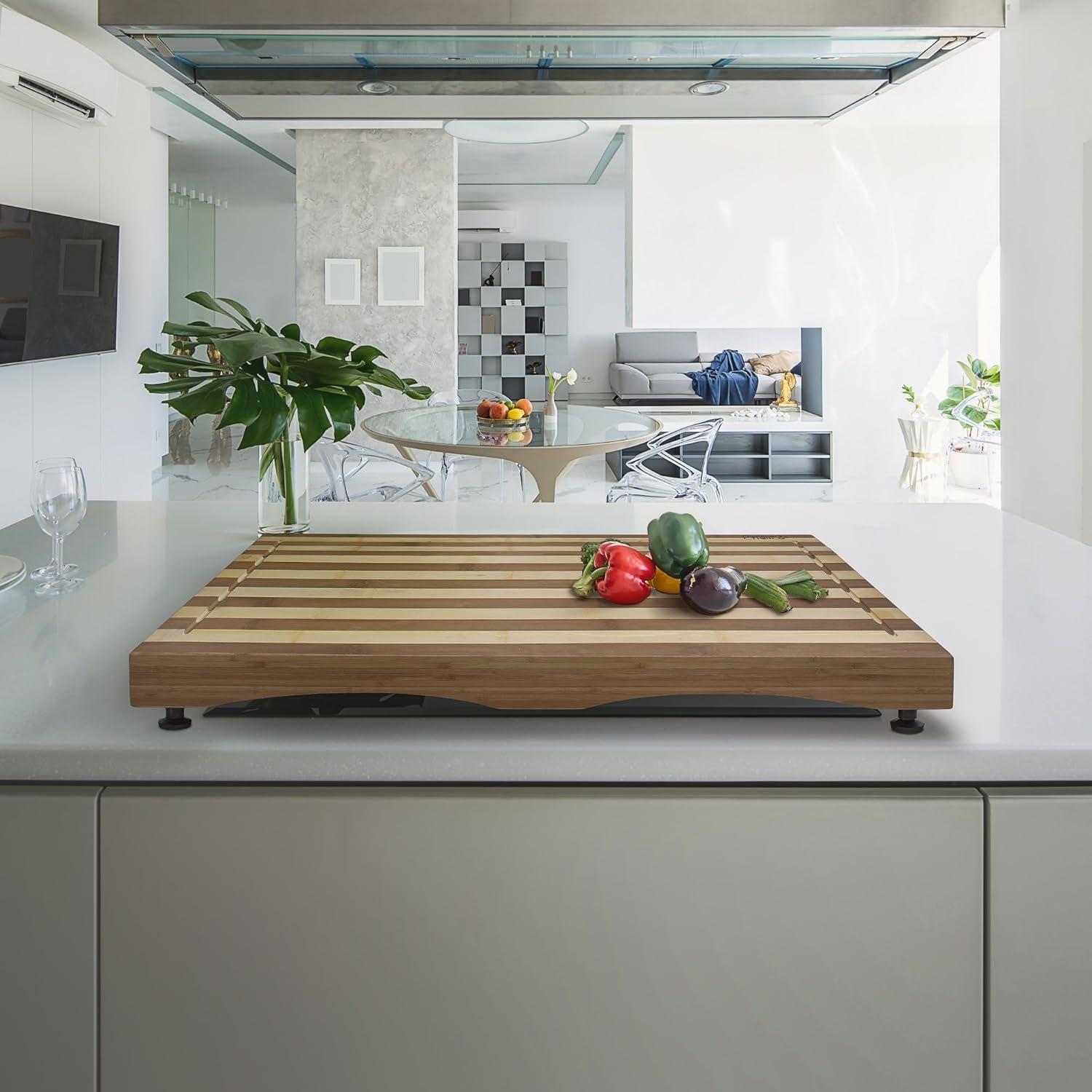 Large Rectangular Bamboo Stovetop Cover Cutting Board with Adjustable Legs