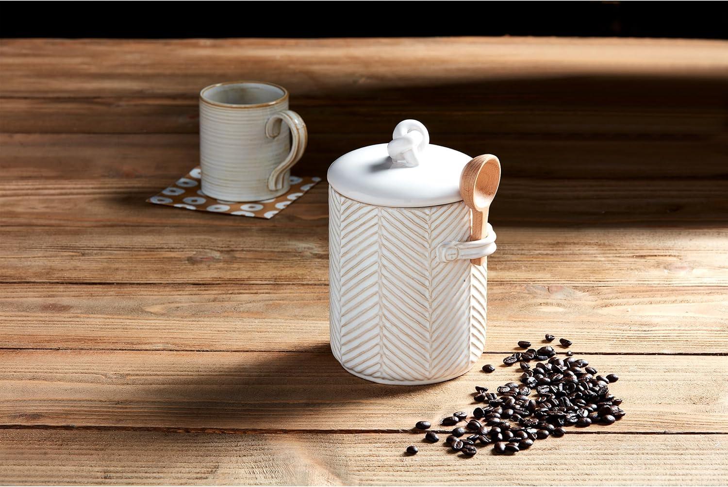 White Textured Ceramic Coffee Canister with Wooden Spoon