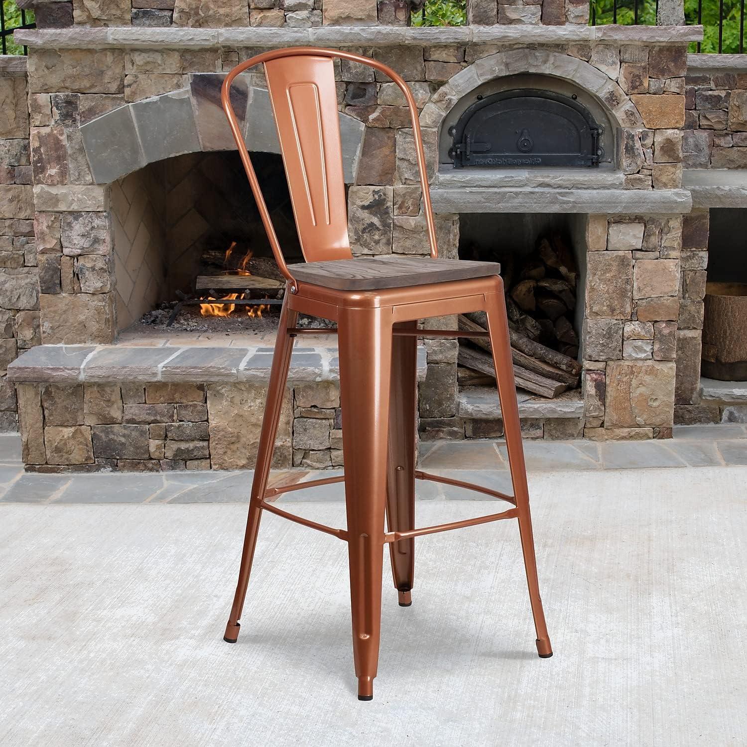 Flash Furniture 30" High Metal Barstool with Back and Wood Seat