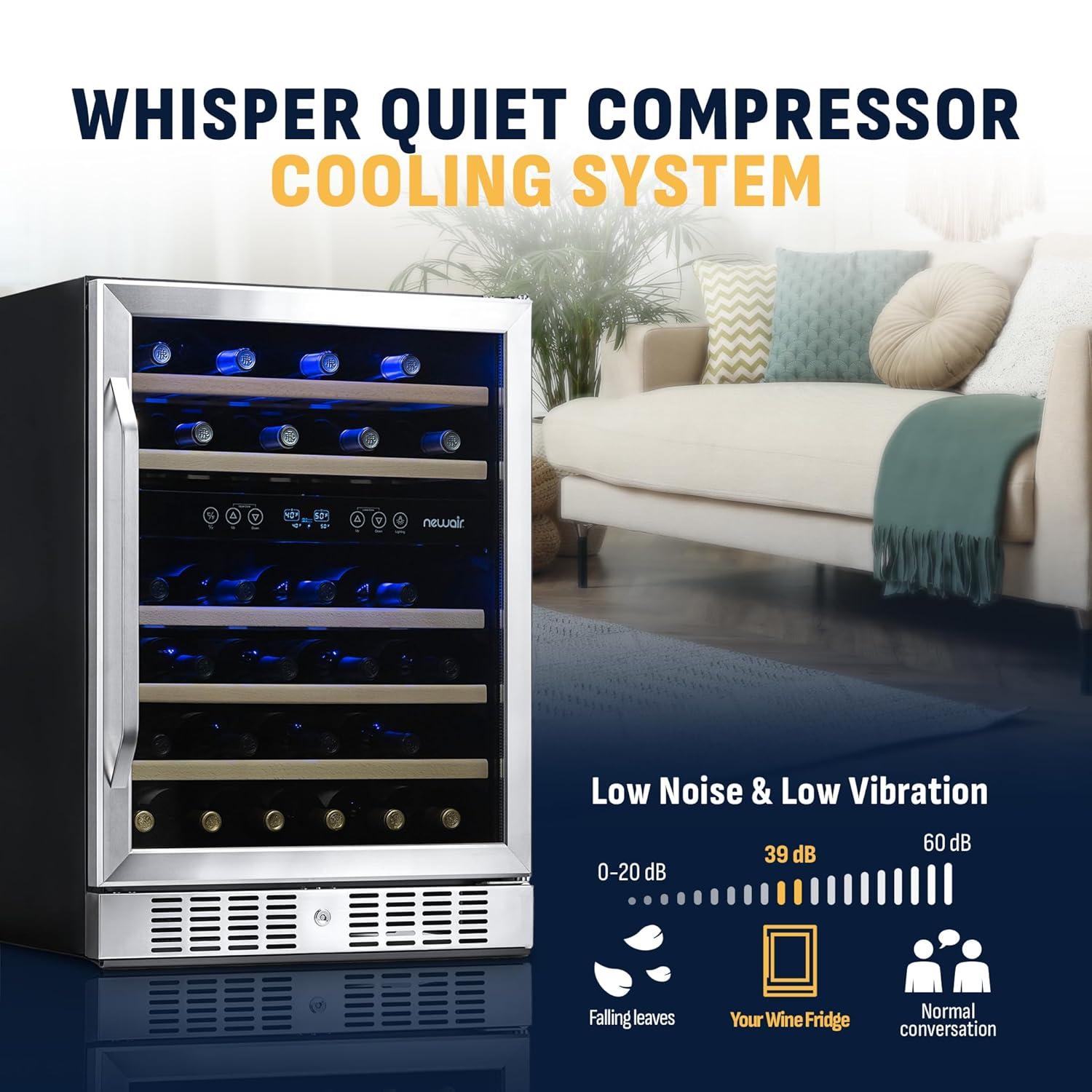 Newair 24” Built-in 46 Bottle Dual Zone Wine Cooler with Removable Beechwood Shelves in Black Stainless Steel