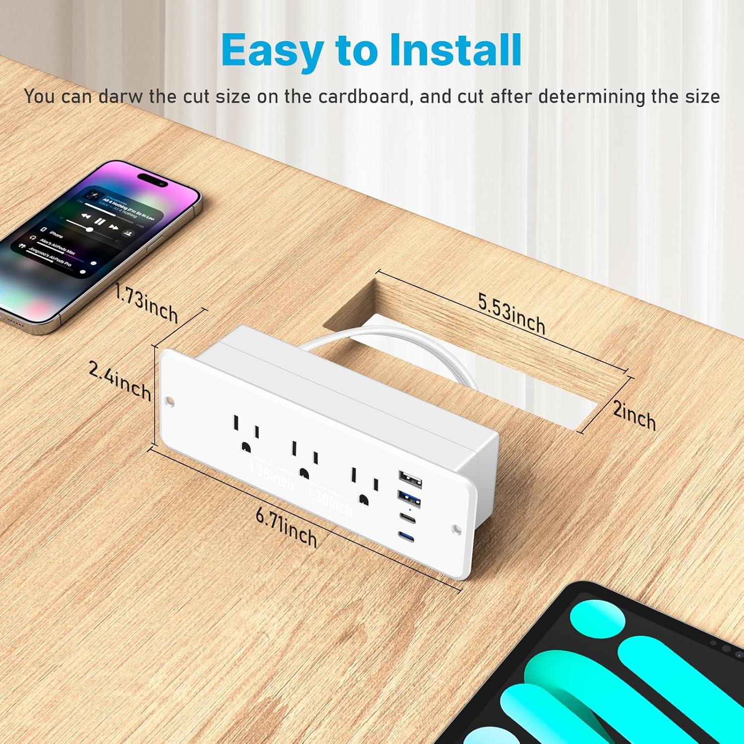 White 6-Outlet Recessed Power Strip with USB Ports and 6 ft Cord