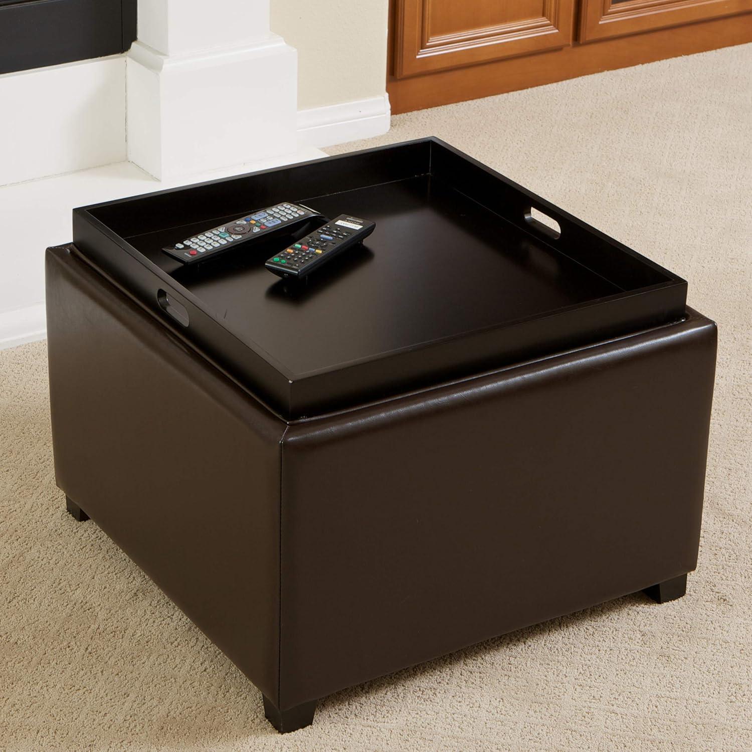 Wellington Leather Tray Top Storage Ottoman Brown - Christopher Knight Home: Footstool, Hardwood Frame