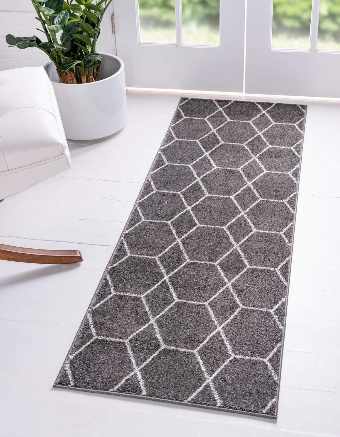 Dark Gray and Ivory Geometric Trellis Runner Rug