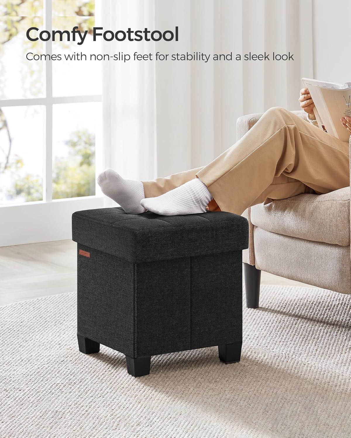 15" Black Linen Storage Ottoman with Plastic Feet