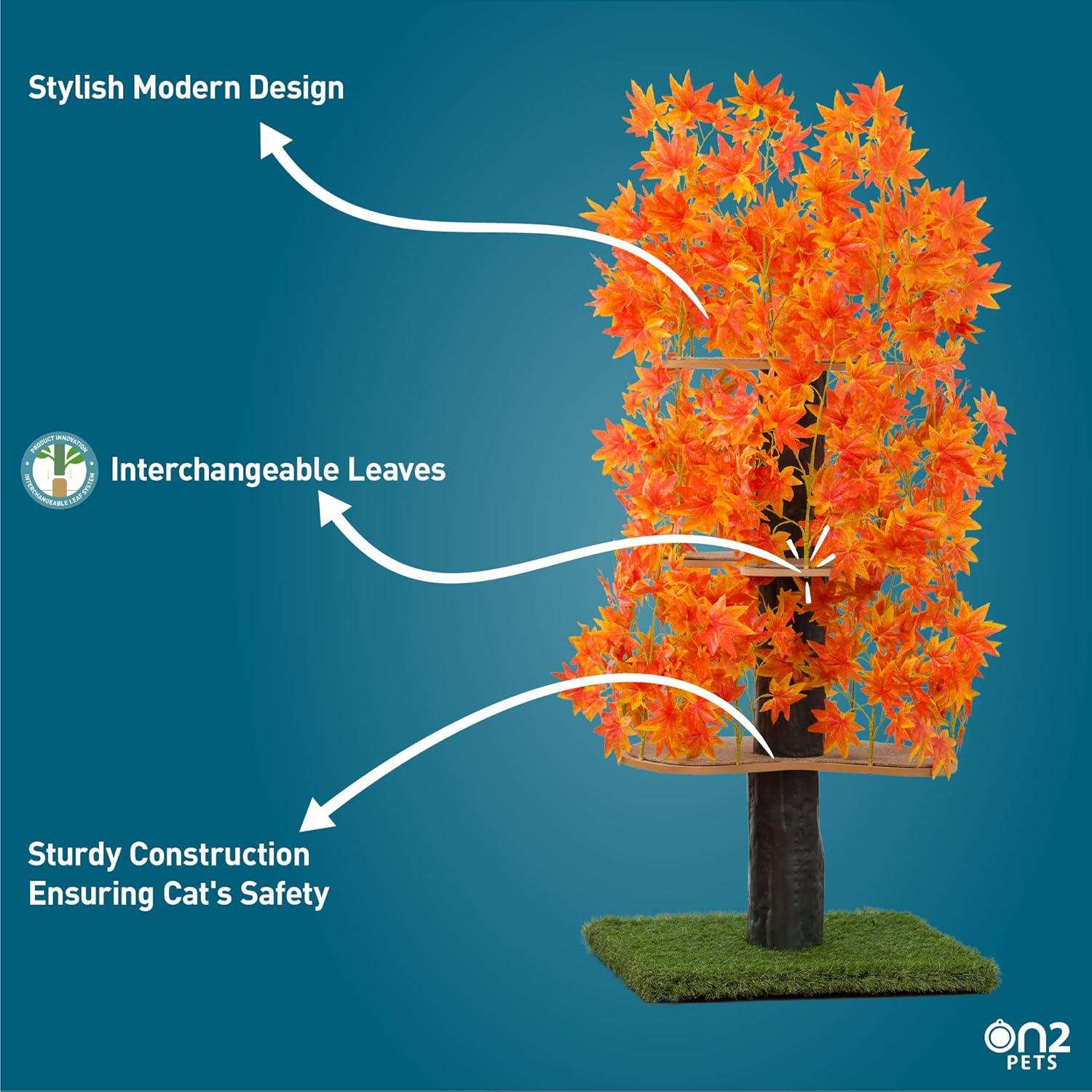 On2Pets Cat Tree with Leaves, Cat House & Cat Activity Tree, Multi-Level Cat Condo for Indoor Cats, Square Base