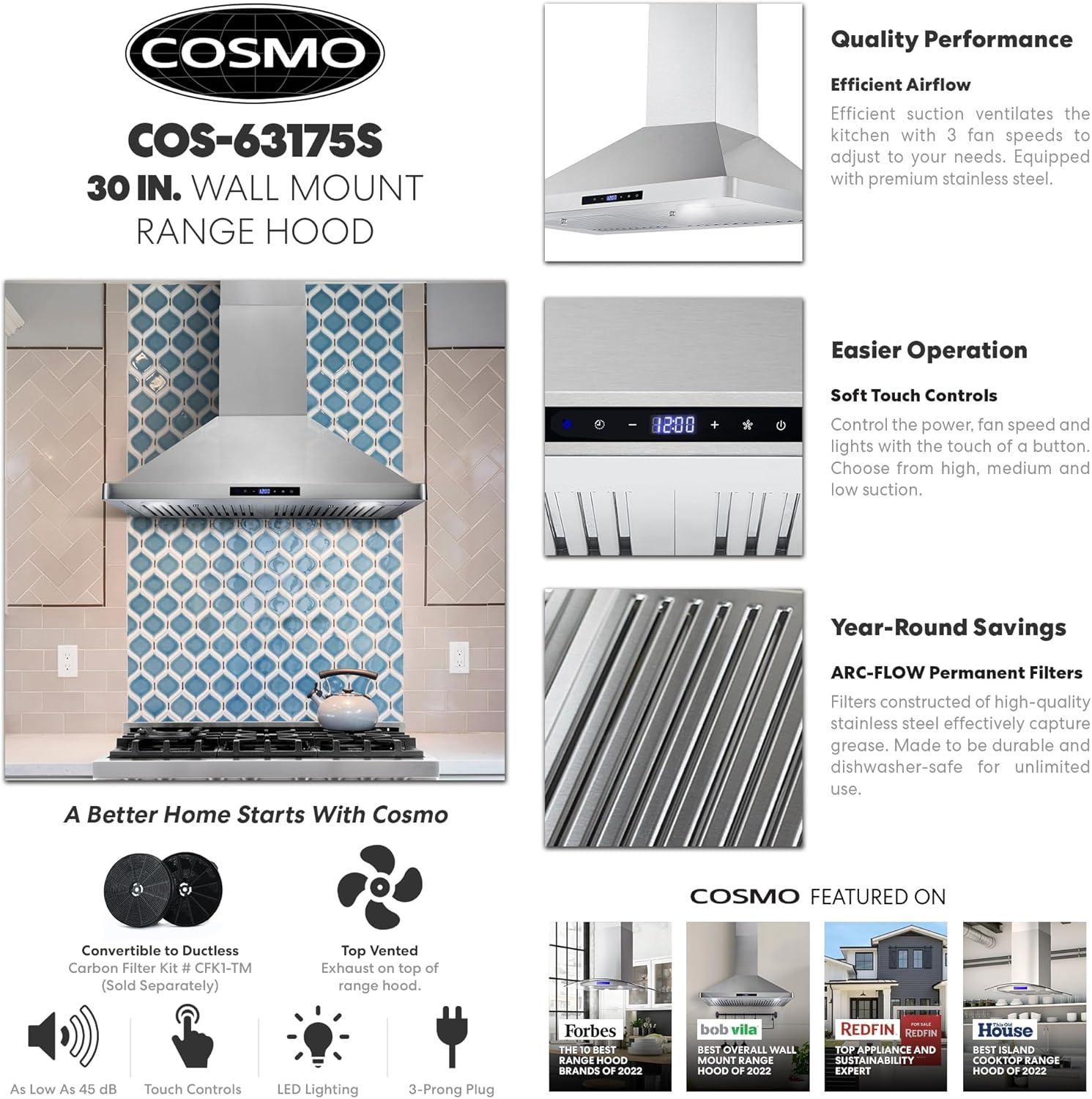 Cosmo 63175S 30 Inch Wall Mount Range Hood w/ Digital Controls, Stainless Steel