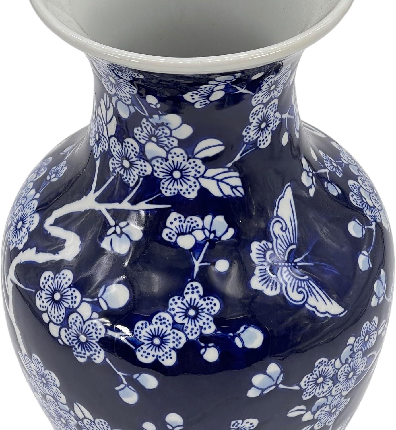 Dark Blue Floral Chinoiserie Ceramic Vase with White Accents