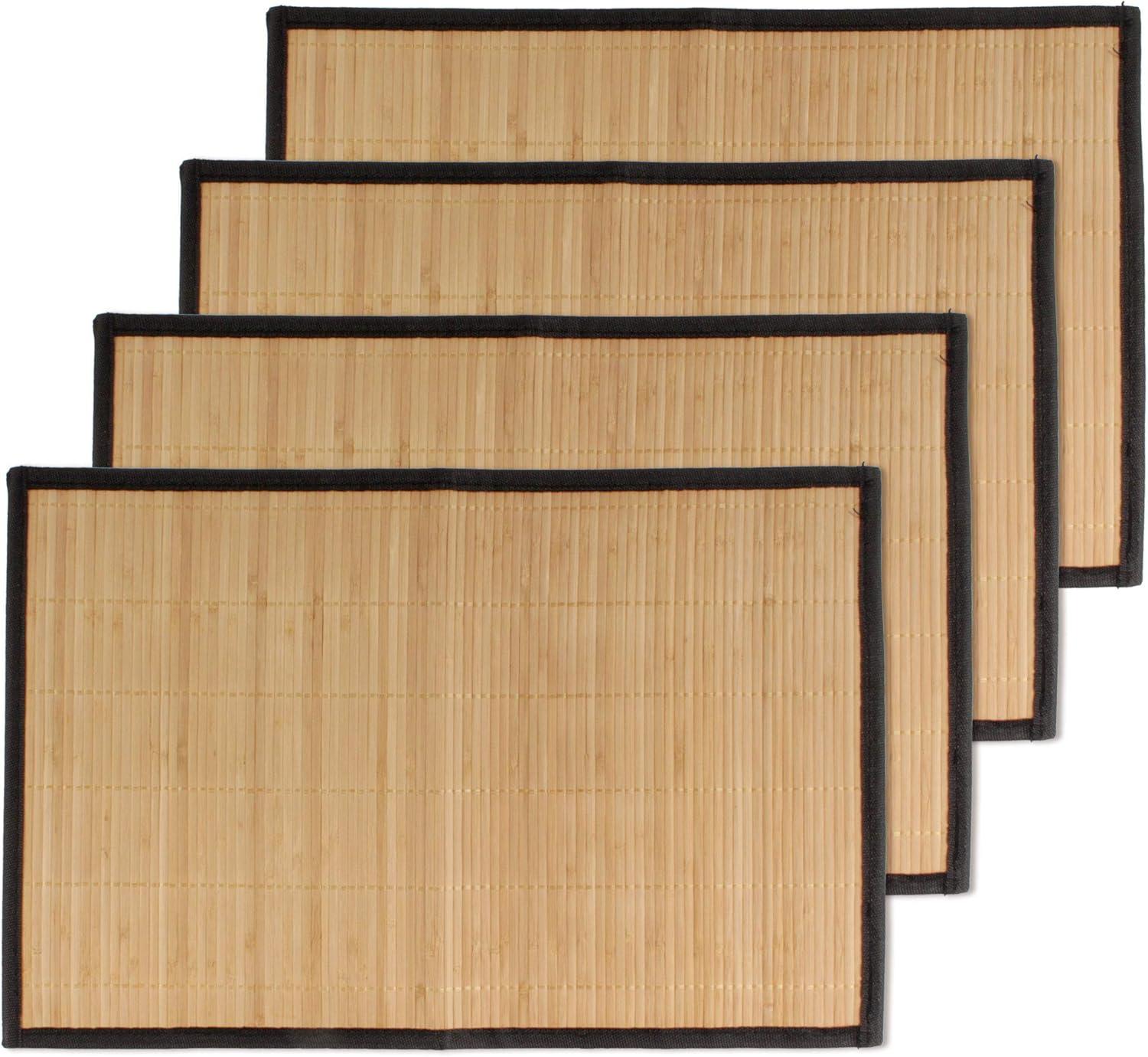 BambooMN Bamboo Slats Placemat with Fabric Border - Solid Color Print - 17.5" x 12" - Brown with Black Border, 4 pcs