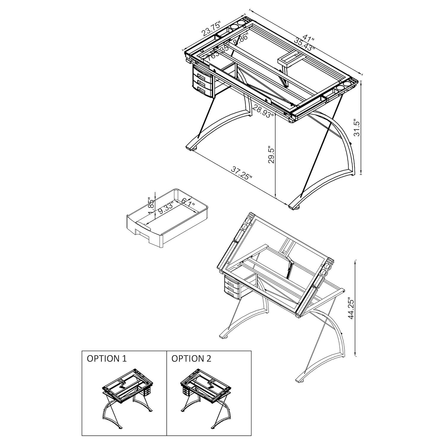 Melo 3 Drawer Glass Top Drafting Desk with Supply Storage Silver - Coaster