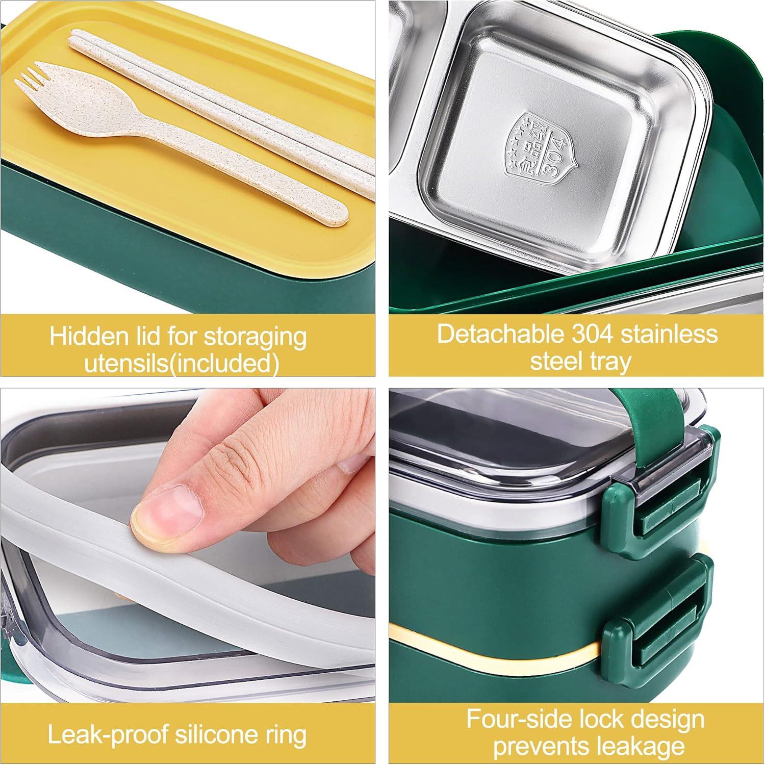 Green 2-Layer Stainless Steel Bento Box with Plastic Trays