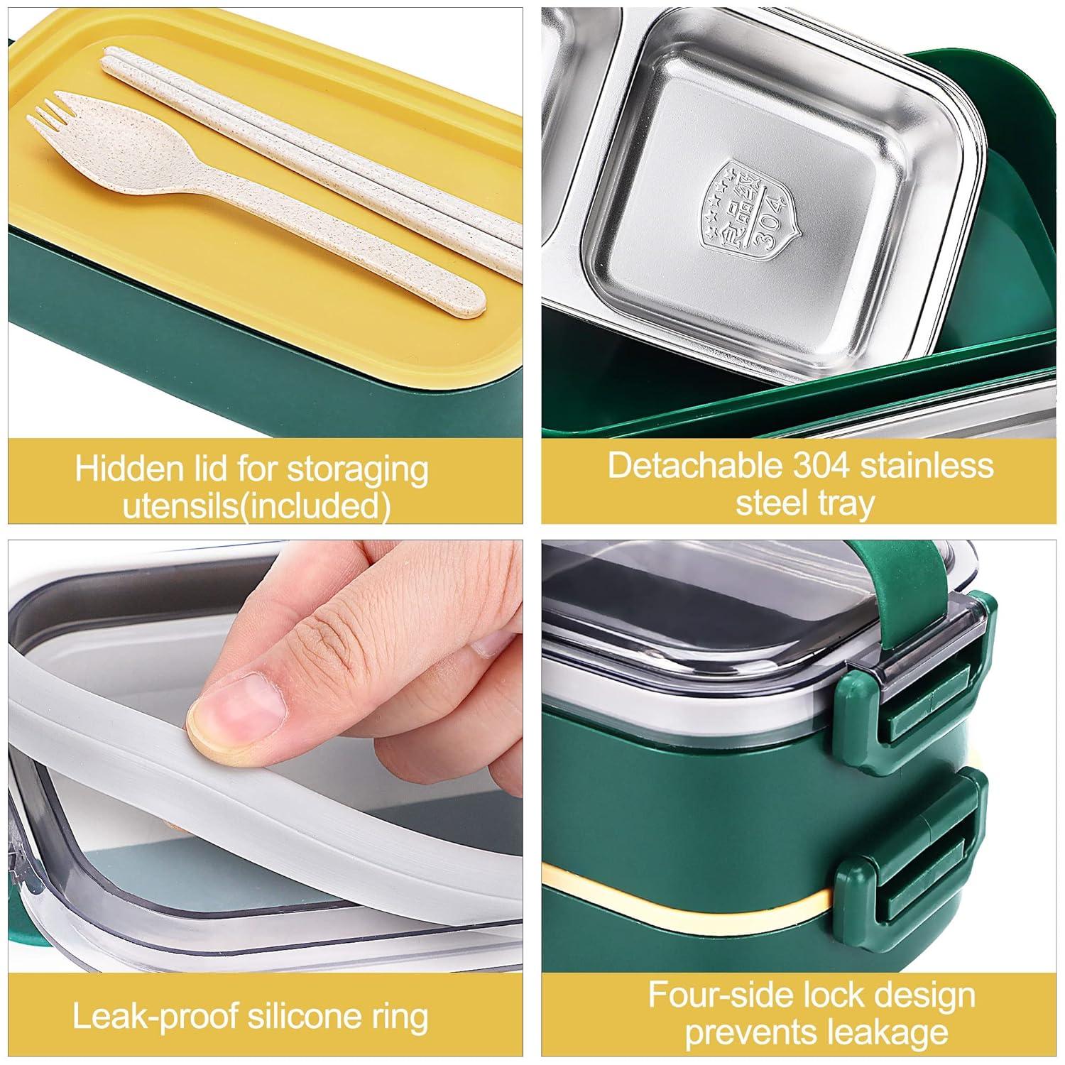 Stainless Steel Bento Box for Adults&Kids,Japanese Leakproof Lunch Box Divided Food Meal Storage Containers Set Stackable 2 Layer for Children School Picnic Green