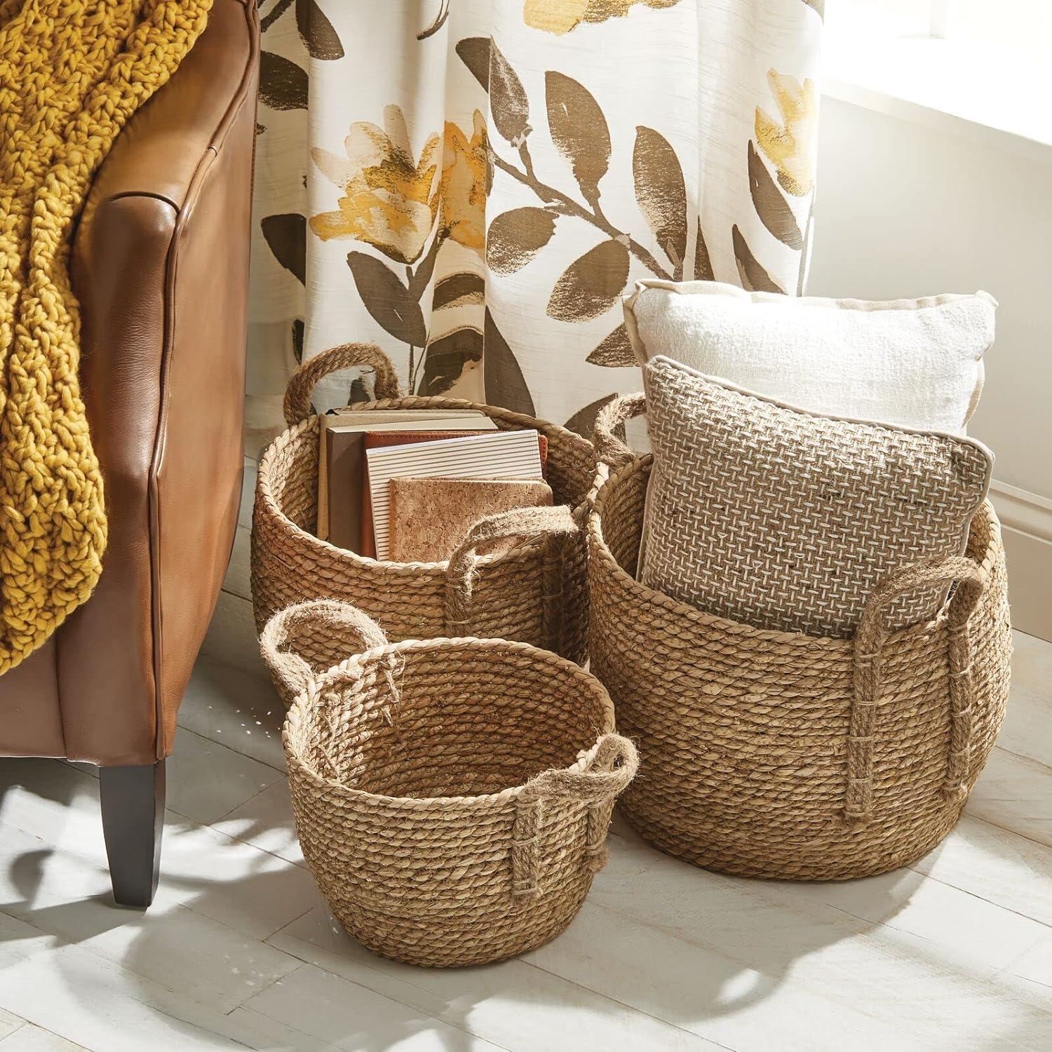 Natural Seagrass Round Storage Basket Set with Jute Handles