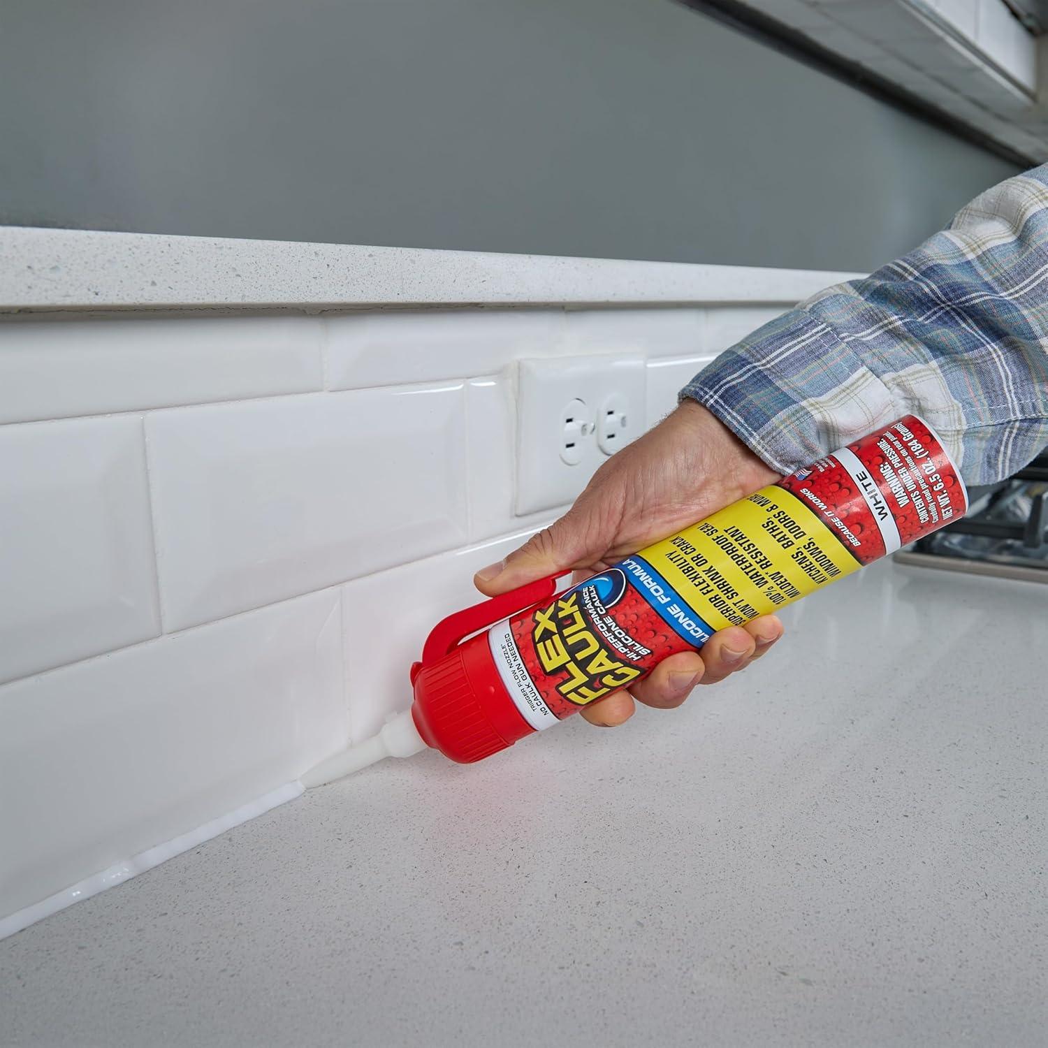 Flex Caulk, Silicone, Waterproof & Weatherproof Sealant, Strong, Indoor, Outdoor, Bath, Kitchen, Shower, Sink, Window, Baseboards, Door, RV, Roof, Wood, Glass, Tile, Marine, White, 6.5 oz, 1-Pack