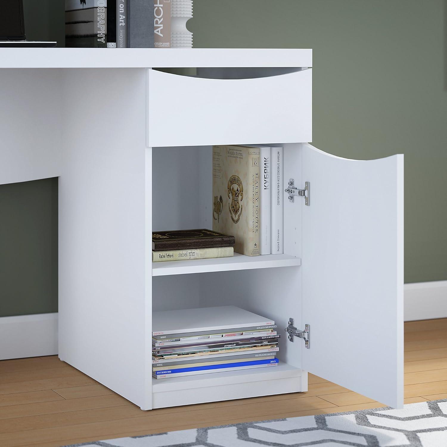 Transitional Pure White Home Office Desk with Drawer and Cabinet