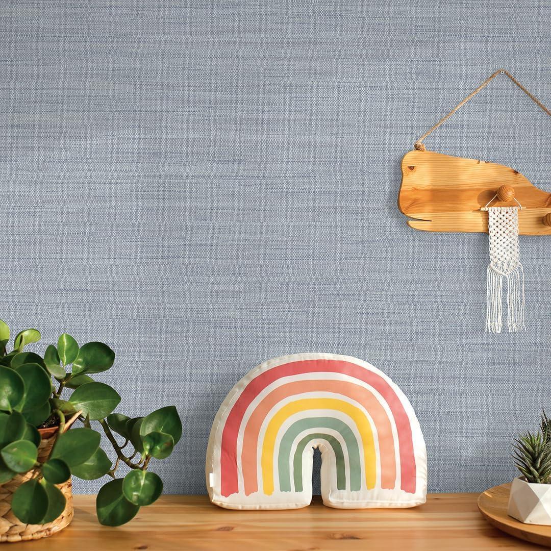 Tempaper & Co.® Faux Horizontal Grasscloth Removable Peel and Stick Wallpaper, Textured Blue, 28 sq. ft.: Vinyl, Prepasted, Abstract Pattern