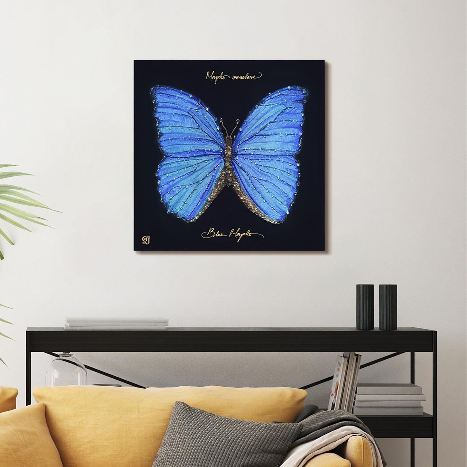 "Blue Monarch Elegance" Crystallus Epoxy Coated Wrapped Glossy Butterfly Canvas Wall Art with Heavy Acrylic Crystal Shards Embellishments