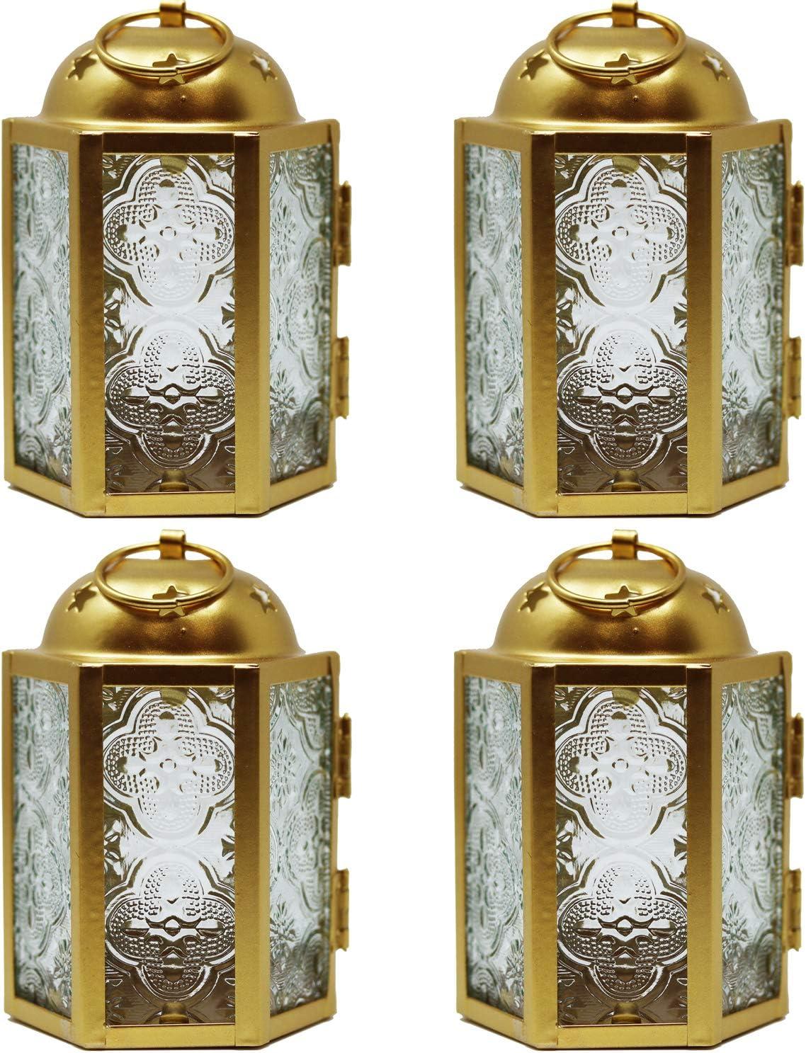 VELA LANTERNS Mini Moroccan Tea Light Candle Holder Lanterns – 4.25" Small Decorative Lantern for Table or Hanging, Metal with Glass Panels – Ramadan, Wedding, Home Decor, Gold (Set of 4)