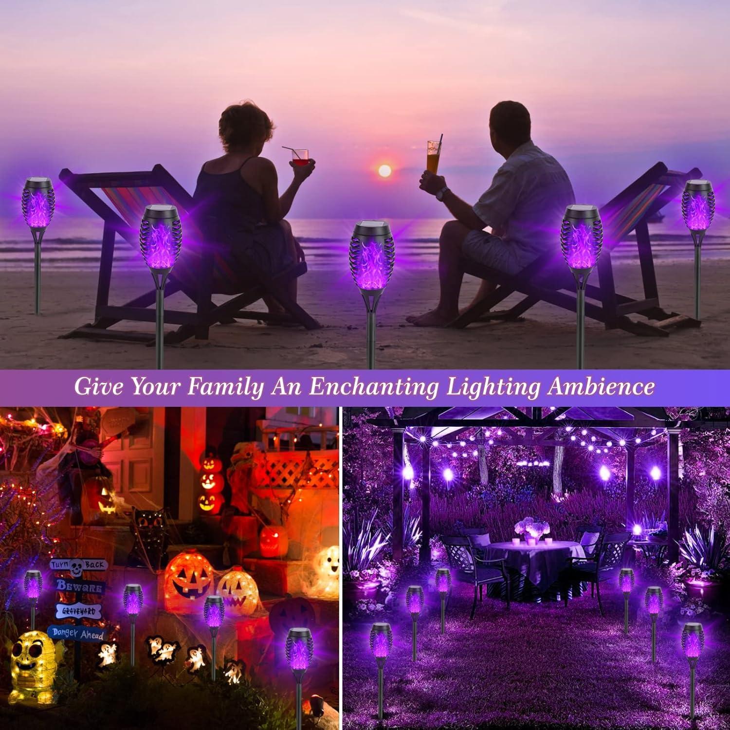 8Pack Halloween Decorations Outdoor, Halloween Solar Lights with Purple Flame for Halloween Decor, Waterproof Halloween Lights Outdoor, Solar Pathway Lights for Lawn Outside Halloween Yard Decorations