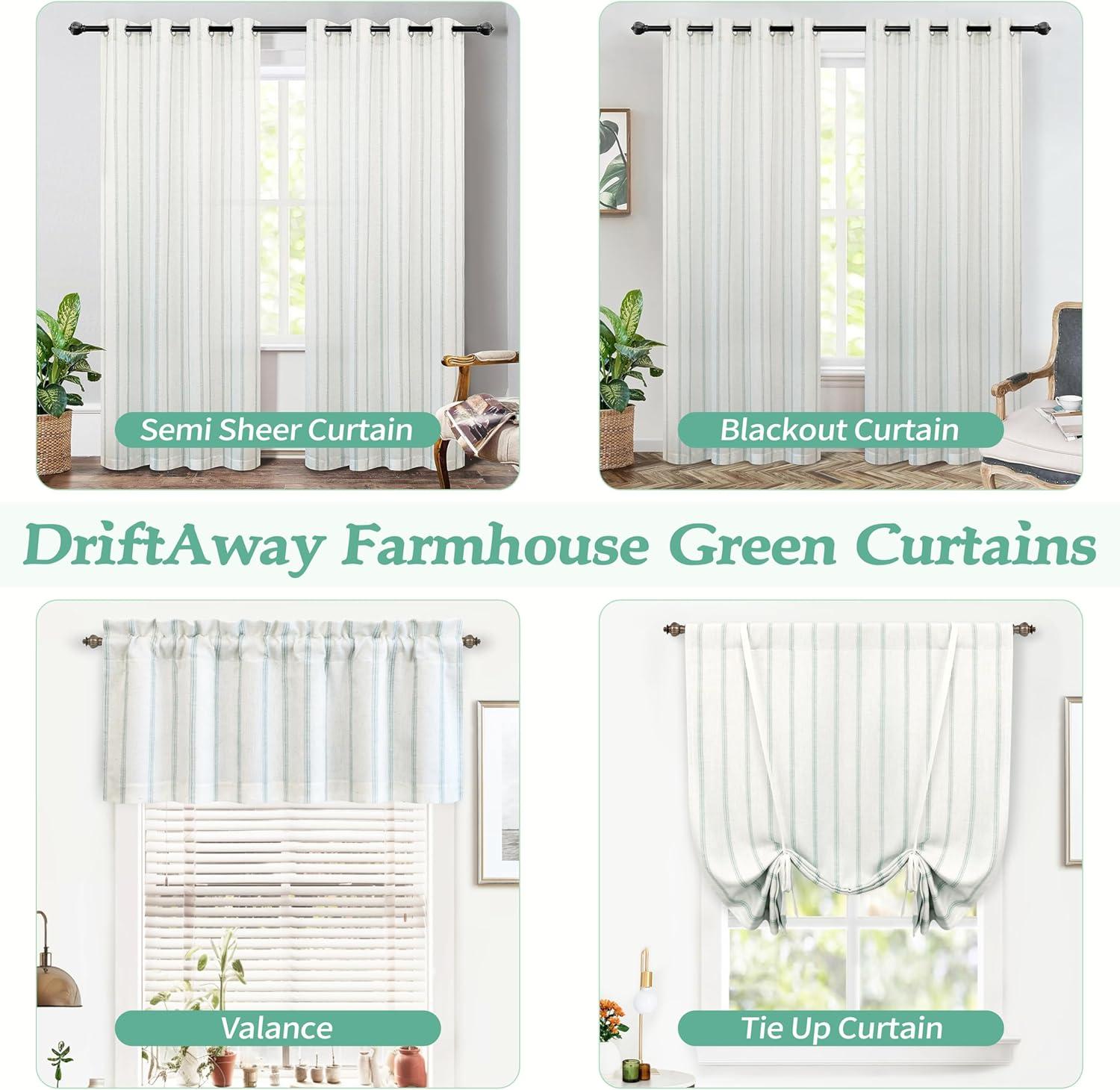 DriftAway Farmhouse Linen Blend Blackout Valance for Kitchen 18 Inch Length Vertical Striped Printed Lined Rod Pocket Room Darkening Curtain Valance for Living Room 52x18 Inch Green