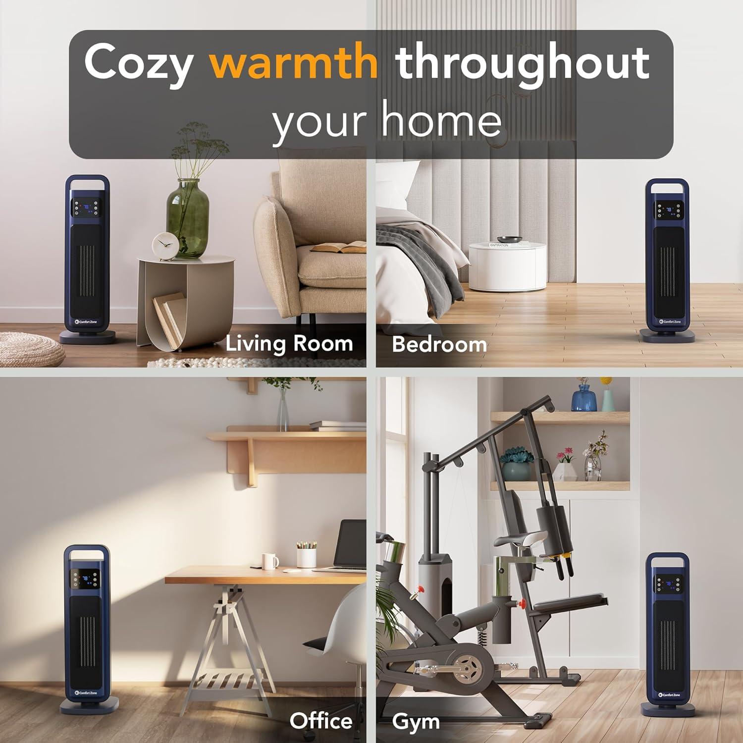 Comfort Zone 26" Oscillating Digital Tower Heater with Remote Control for Indoor Use, Adjustable Thermostat, Timer, Overheat Protection, Tip-Over Switch, Ideal for Home, Bedroom, & Office, HT1206-NVY