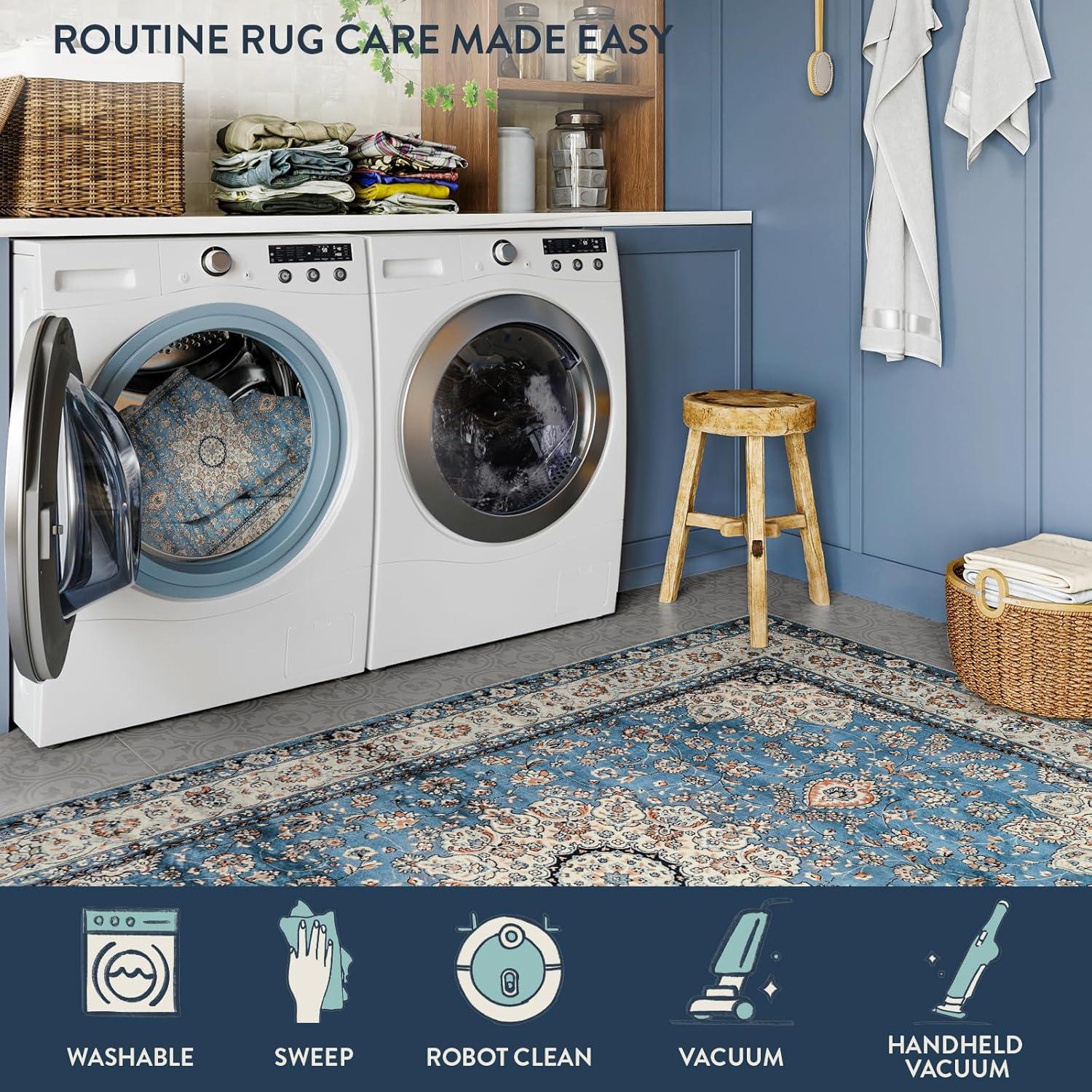Lahome Area Rugs for Living Room 6'x9' Washable Oriental Floral Medallion Rug Indoor Printed Carpet Non Slip Mat for Dining Bedroom Office Dorm Classroom, Blue