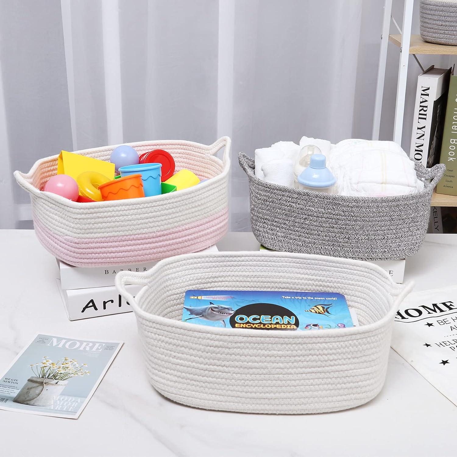 ABenkle Rope Storage Basket Cotton Woven Storage Bins Baskets Cube Soft Woven Organizer Baskets with Handles Decorative Shelves Closet Organizing Baskets for Nursery Laundry Bedroom Bathroom