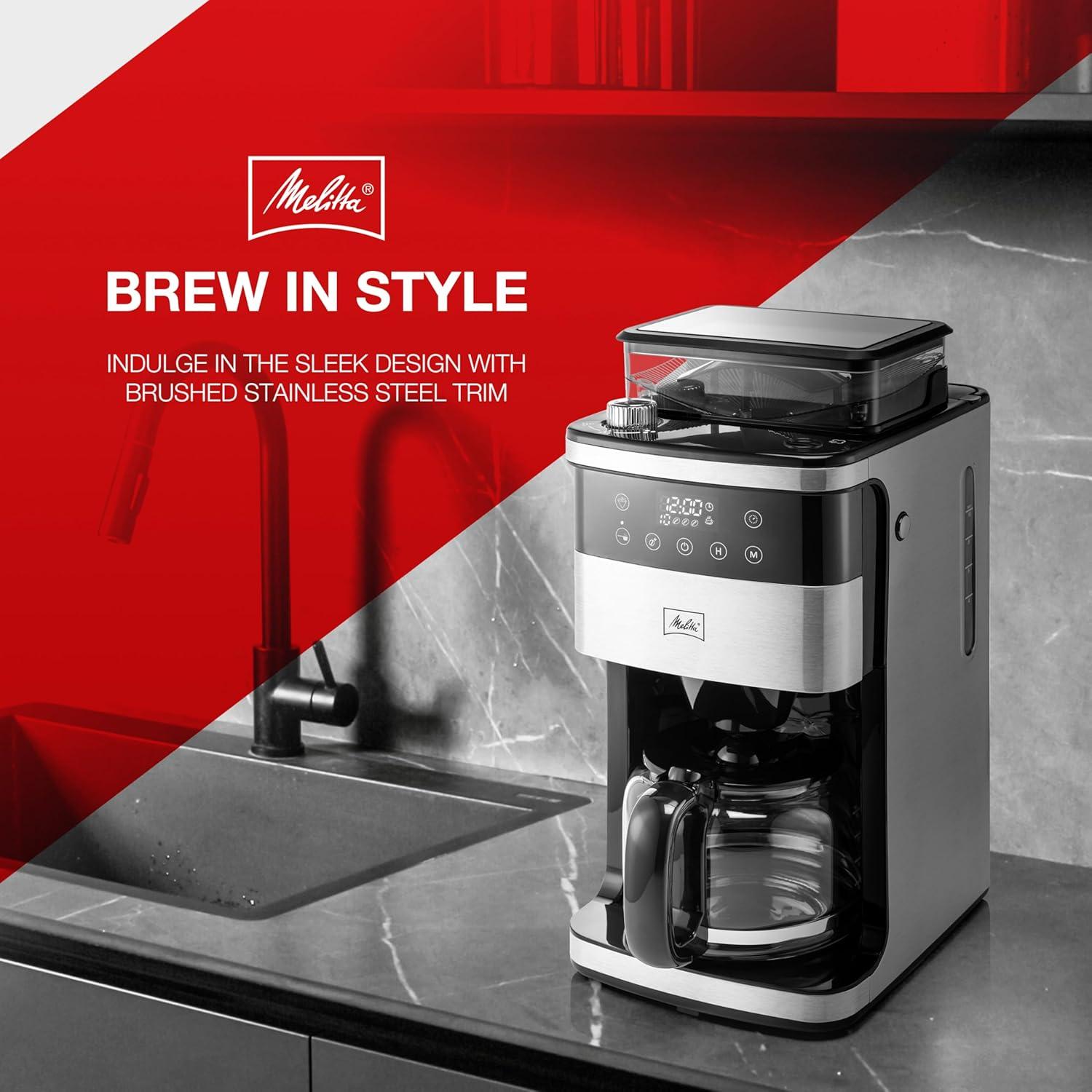 Melitta Aroma Fresh Plus 10c Drip Coffeemaker with Coffee Grinder: Stainless Steel, Digital Display, Automatic Shut-Off