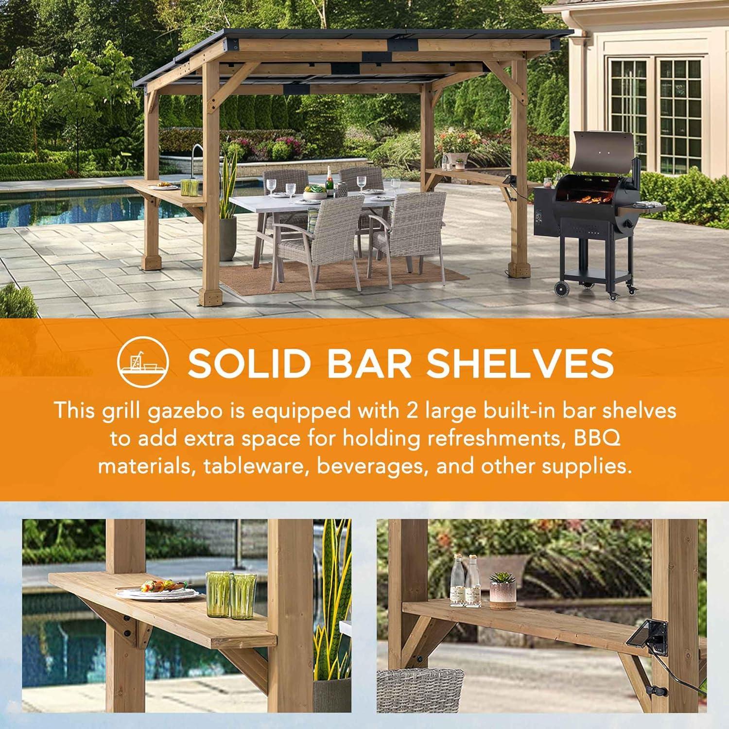 Sunjoy Wooden Grill Gazebo 10 ft. x 12 ft. Outdoor Cedar Frame BBQ Gazebo, Backyard Hot Tub Gazebo with Metal Hardtop Roof, Exclusive PowerPort and Bar Shelves