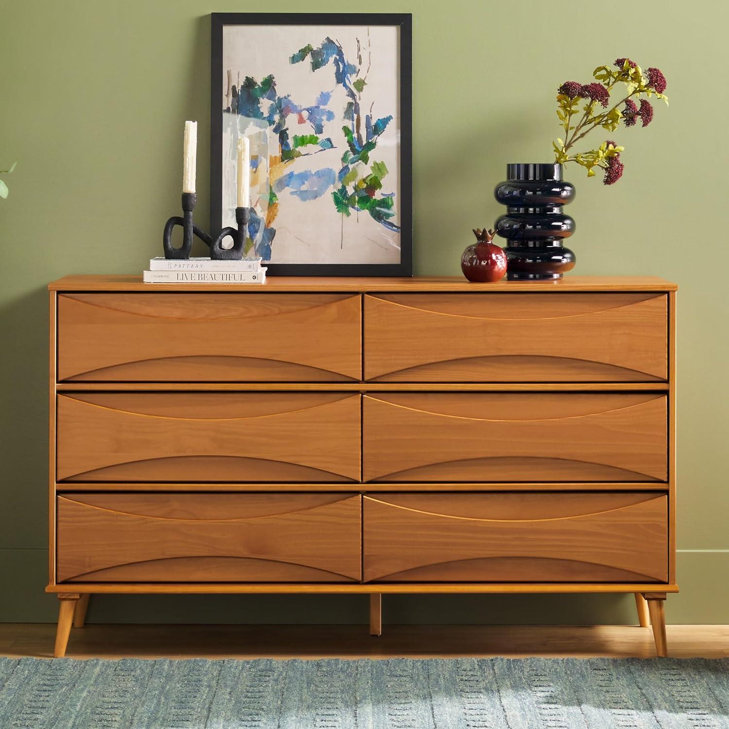 Caramel Solid Wood Mid-Century Modern 6-Drawer Dresser