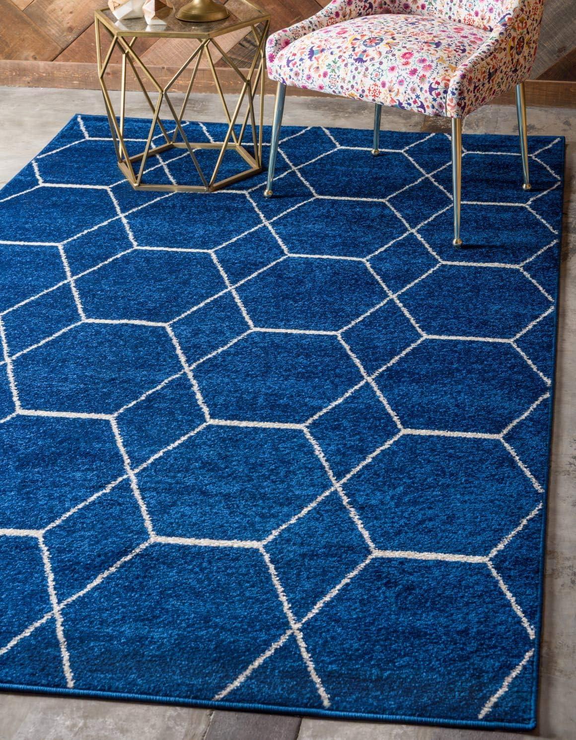 Navy Blue Trellis 8' x 10' Easy-Care Synthetic Area Rug