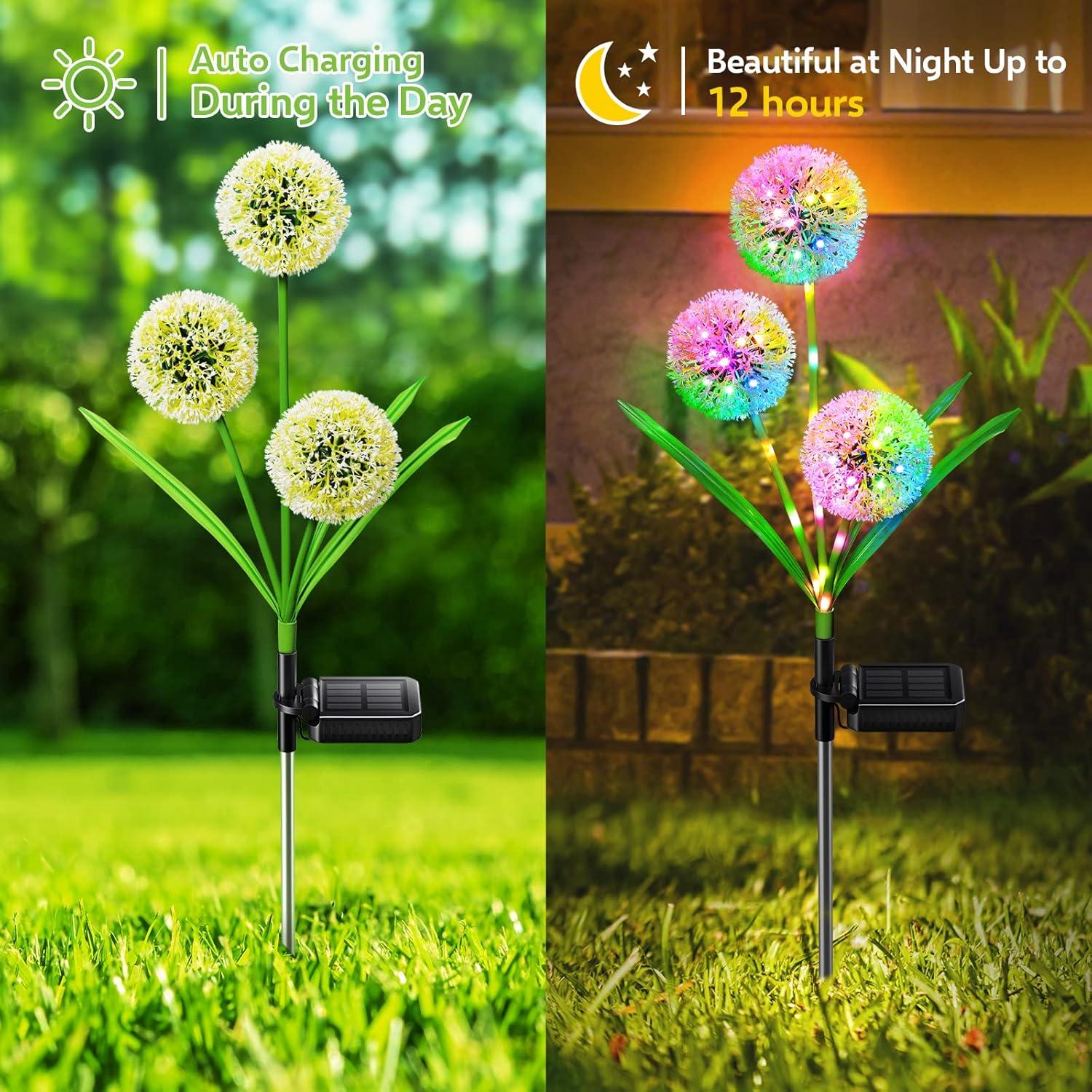 Solar Garden Lights Outdoor, 2 Pack 36 LED Solar Dandelion Lights, Waterproof Colorful Solar Lights for Yard, Lawn, Pathway and Wedding