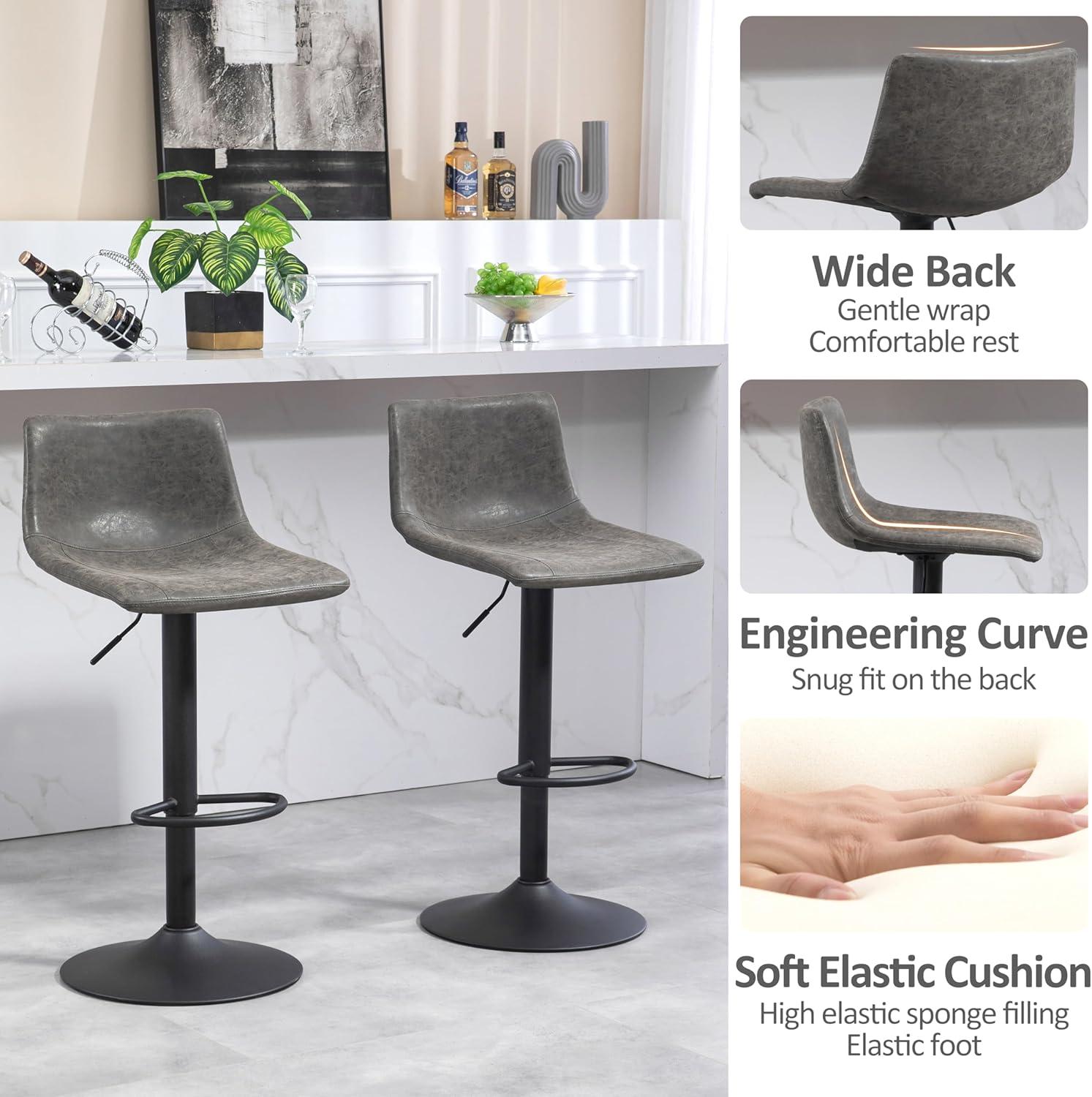 Adjustable Gray Leather Swivel Bar Stools with Metal Base, Set of 2