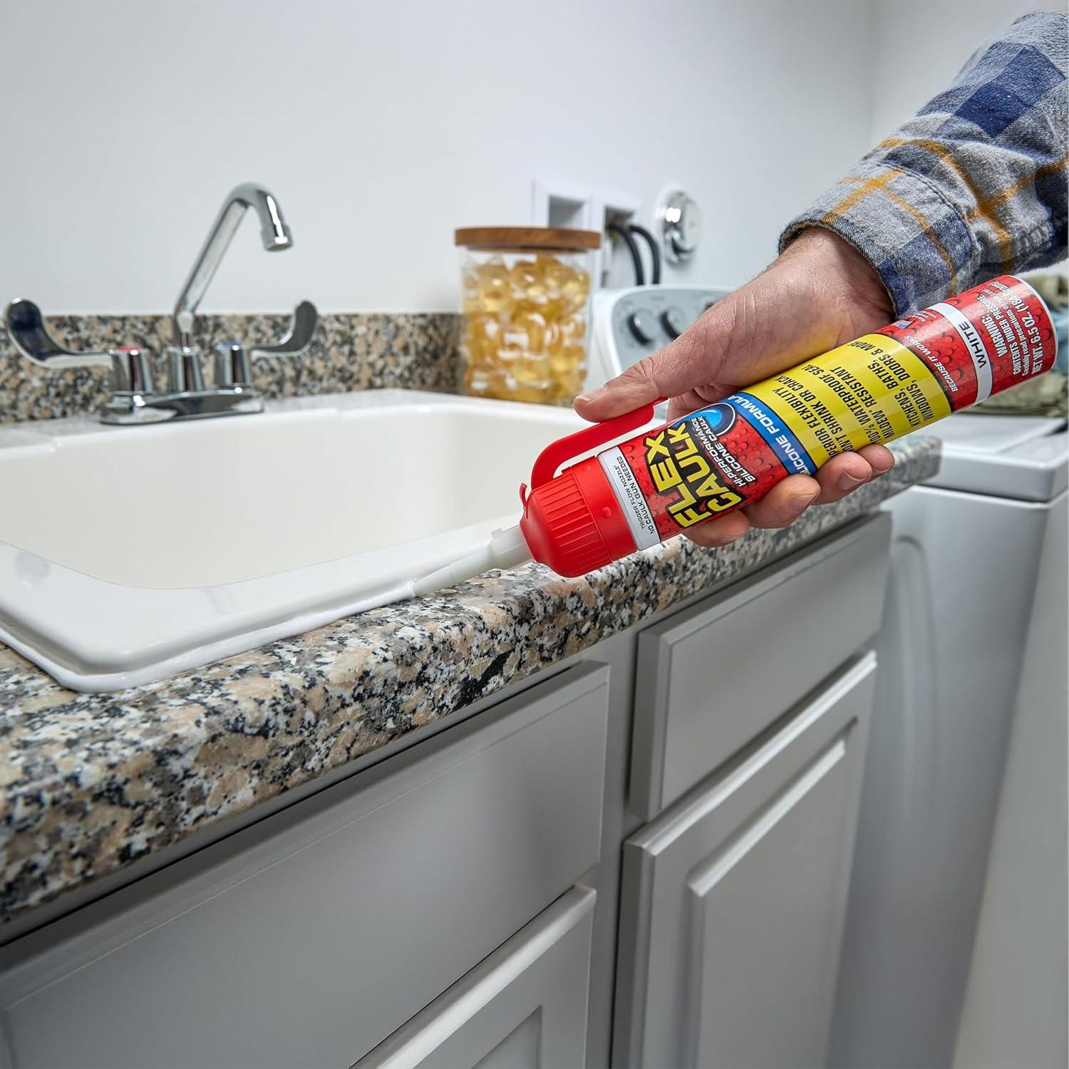 Flex Caulk, Silicone, Waterproof & Weatherproof Sealant, Strong, Indoor, Outdoor, Bath, Kitchen, Shower, Sink, Window, Baseboards, Door, RV, Roof, Wood, Glass, Tile, Marine, White, 6.5 oz, 1-Pack