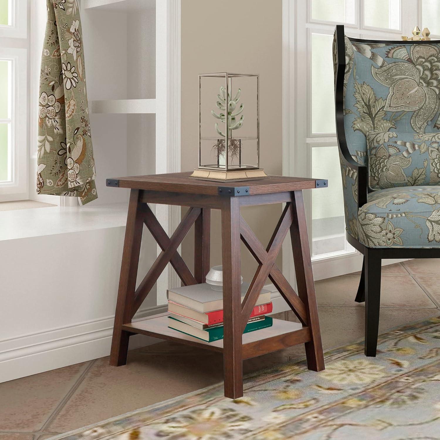 Rainbow Sophia Side Table End Table for Living Room, Farmhouse Accent Wood Nightstand for Bedroom with 2-Tier Storage, Dark Walnut