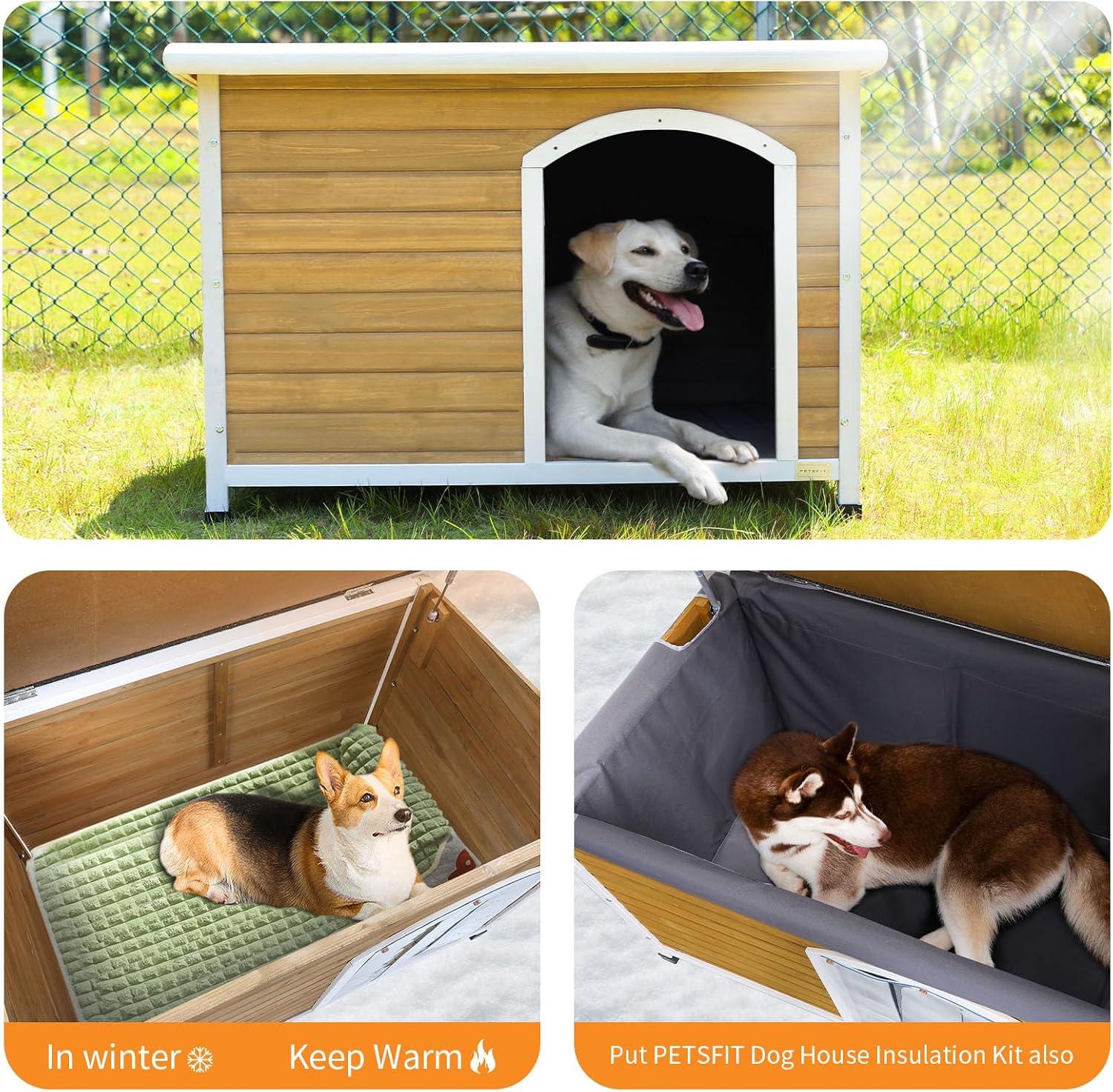 Petsfit Wooden Dog House for Medium to Large Dogs, Yellow and White, large/45.6" x 30.9" x 32.1"