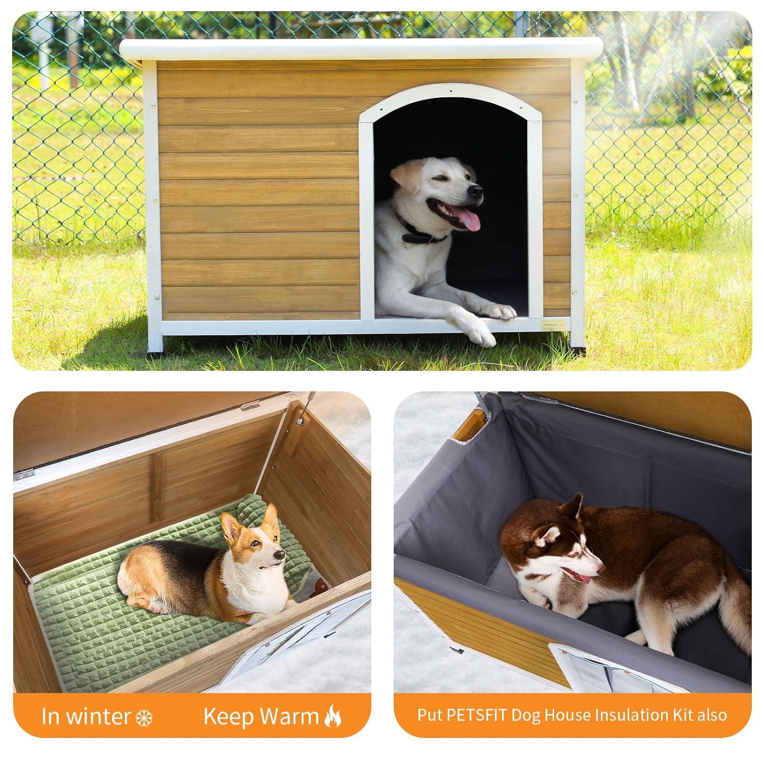 Petsfit Wooden Dog House for Medium to Large Dogs, Yellow and White, large/45.6" x 30.9" x 32.1"