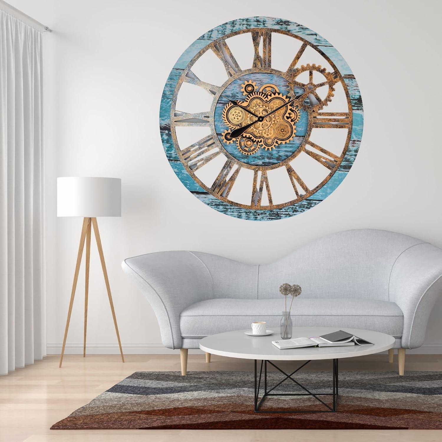 The Gears Clock Wall Clock 36" Round Oversized for Living Room decor with Real Moving Gears America Collection