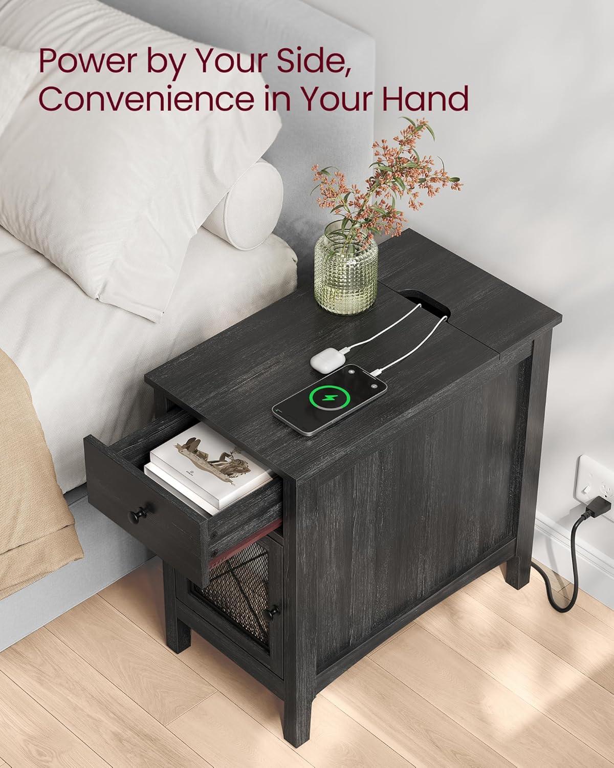 Charcoal Gray MDF Side Table with Storage and Charging Station