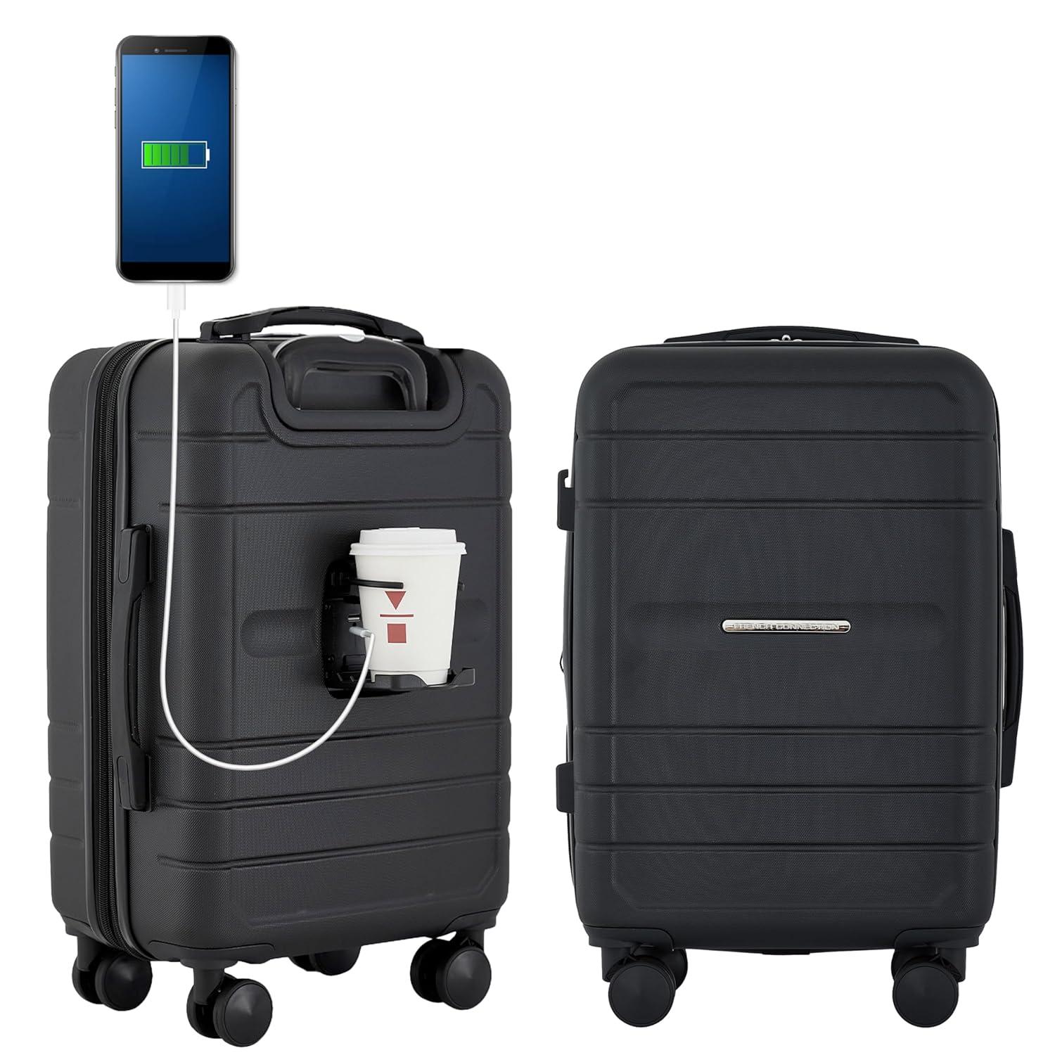 French Connection 22in Expandable Rolling Carry-on with Cup Holder, Black