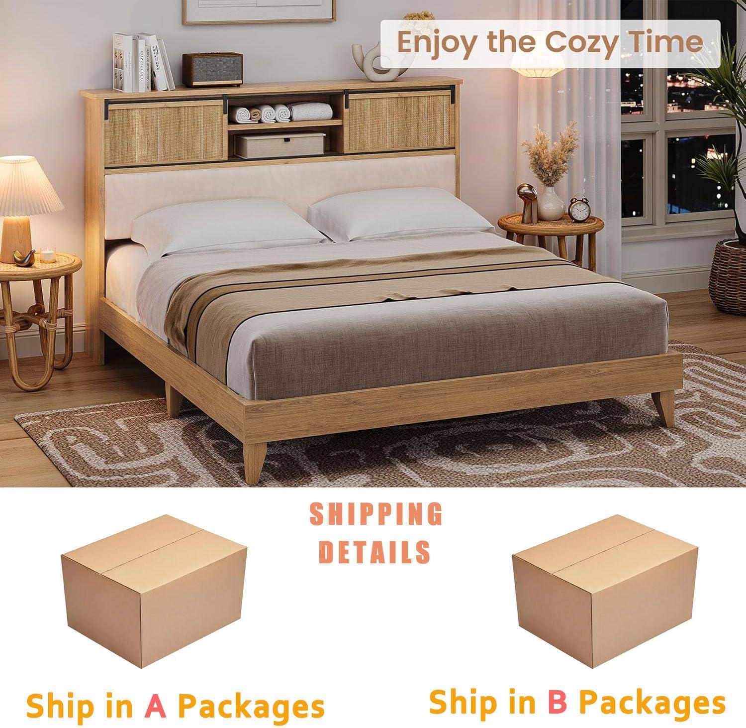 Garvee Rattan Full Size Bed Frame with Sliding Door Shelf Headboard, Bohemian Rattan Bed Frame with Shelves, Wood Foundation, No Box Spring Needed