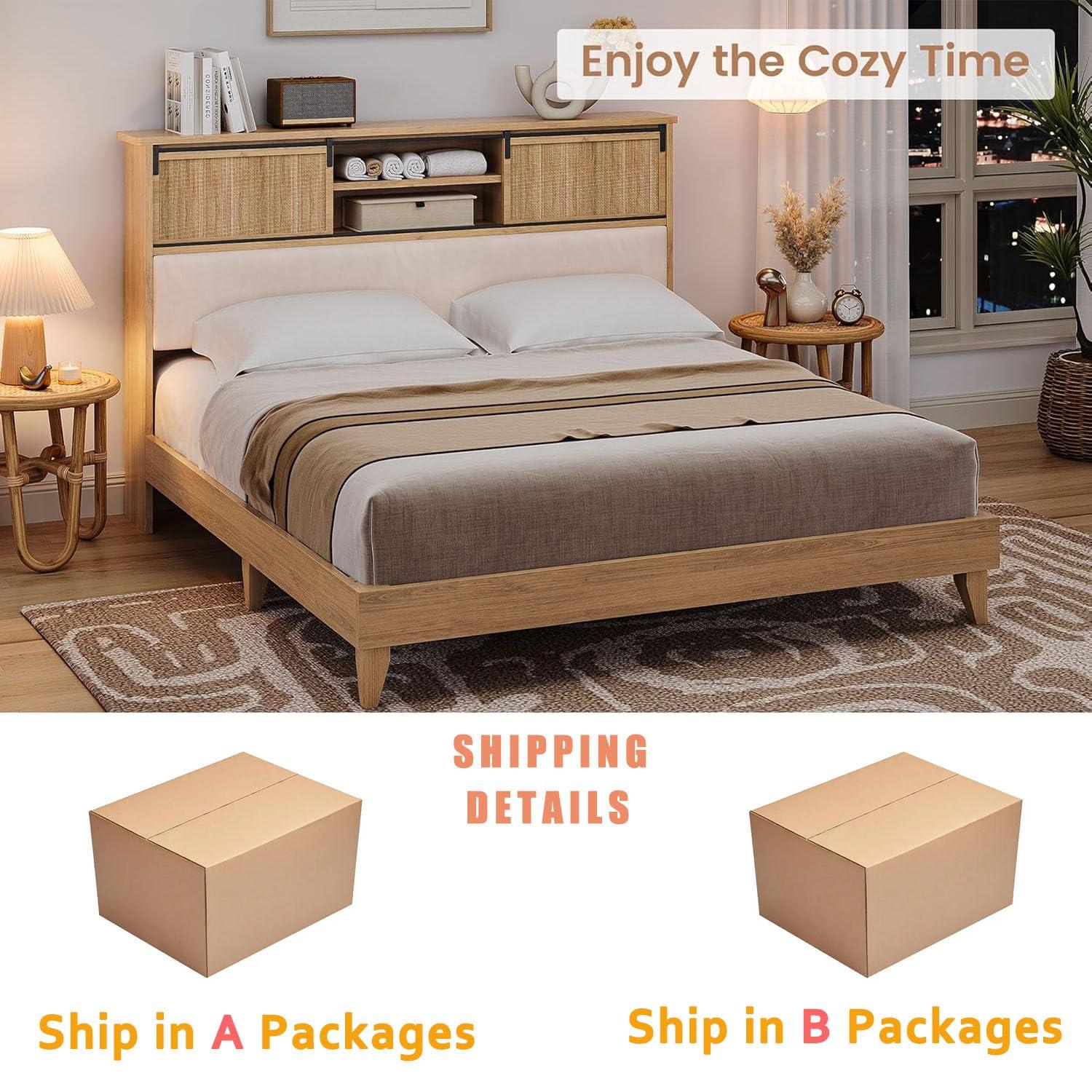 Garvee Rattan Full Size Bed Frame with Sliding Door Shelf Headboard, Bohemian Rattan Bed Frame with Shelves, Wood Foundation, No Box Spring Needed