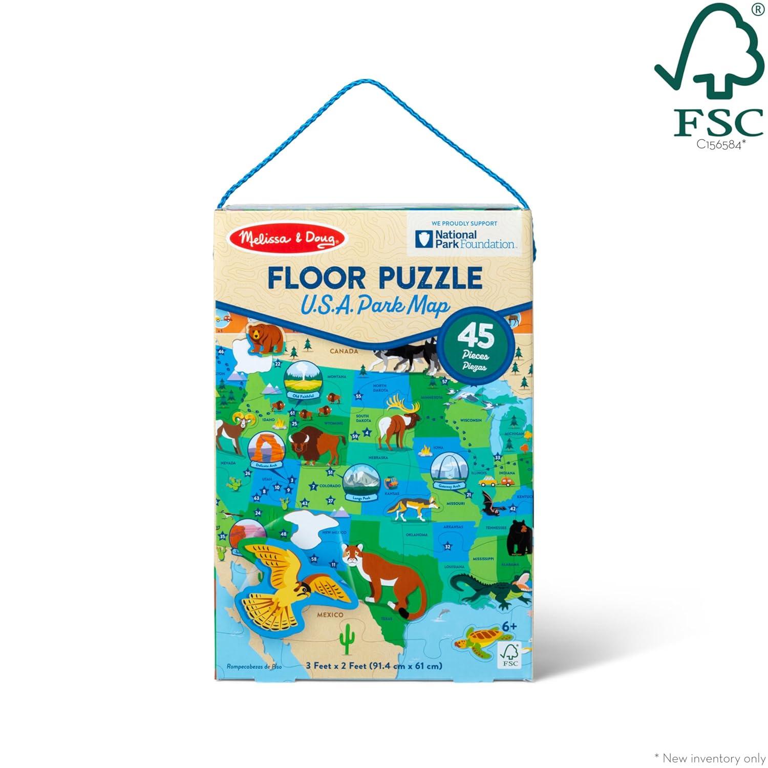 Melissa & Doug National Parks U.S.A. Map Floor Puzzle – 45 Jumbo and Animal Shaped Pieces, Search-and-Find Activities, Park and Animal ID Guide - FSC Certified
